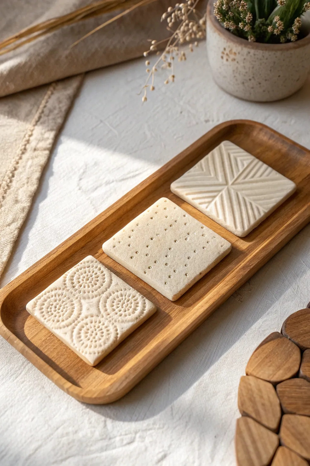 Easy clay stamp textures side by side: dot clusters, dash lines, and scattered sprinkles.