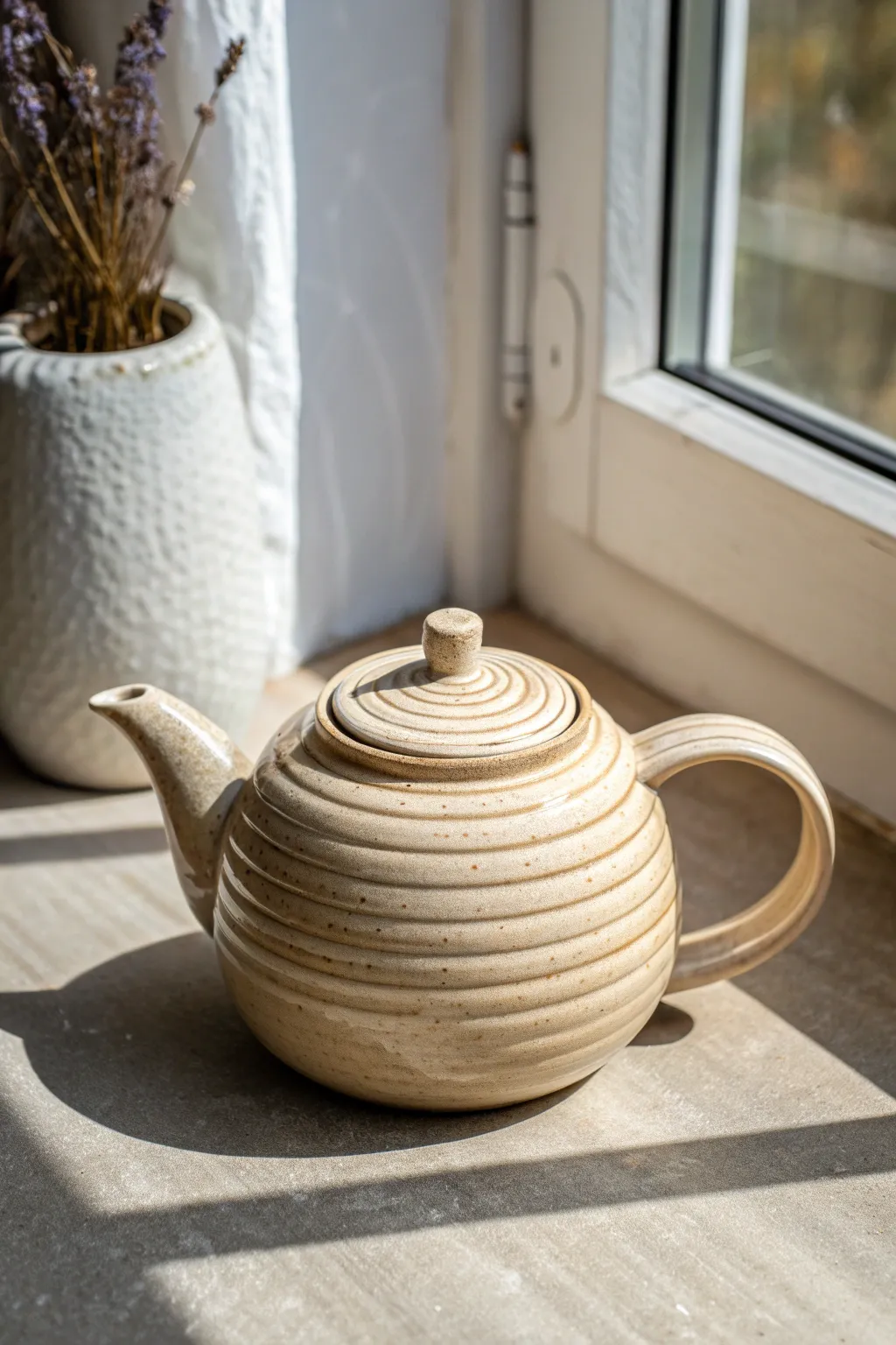 Soft-ridged coil teapot in clear glaze, a minimalist boho piece that feels warm and handmade.
