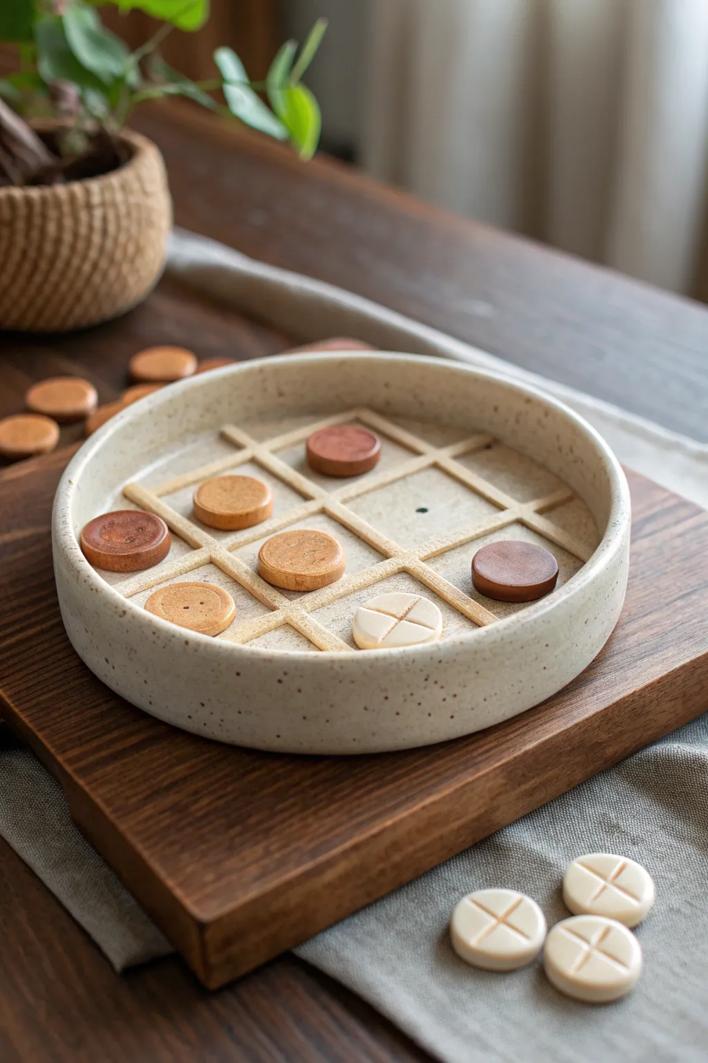 Pinch-dish tic tac toe board that stores the pieces inside for a tidy, cozy tabletop game.