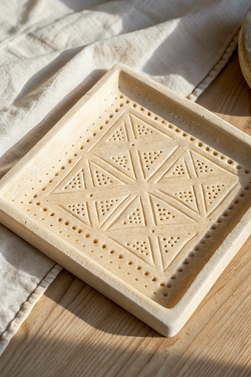 Simple stamped clay tile with clean geometric pattern and a neat border, minimal and boho