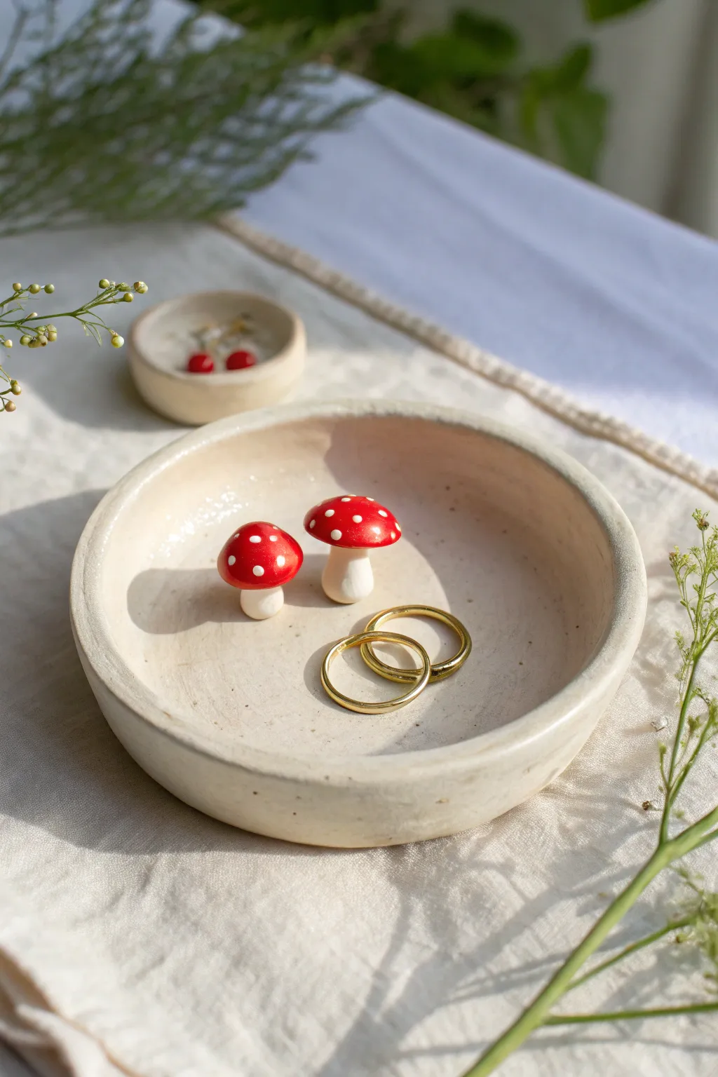 Creamy air dry clay trinket dish with tiny toadstools, perfect for rings and small treasures