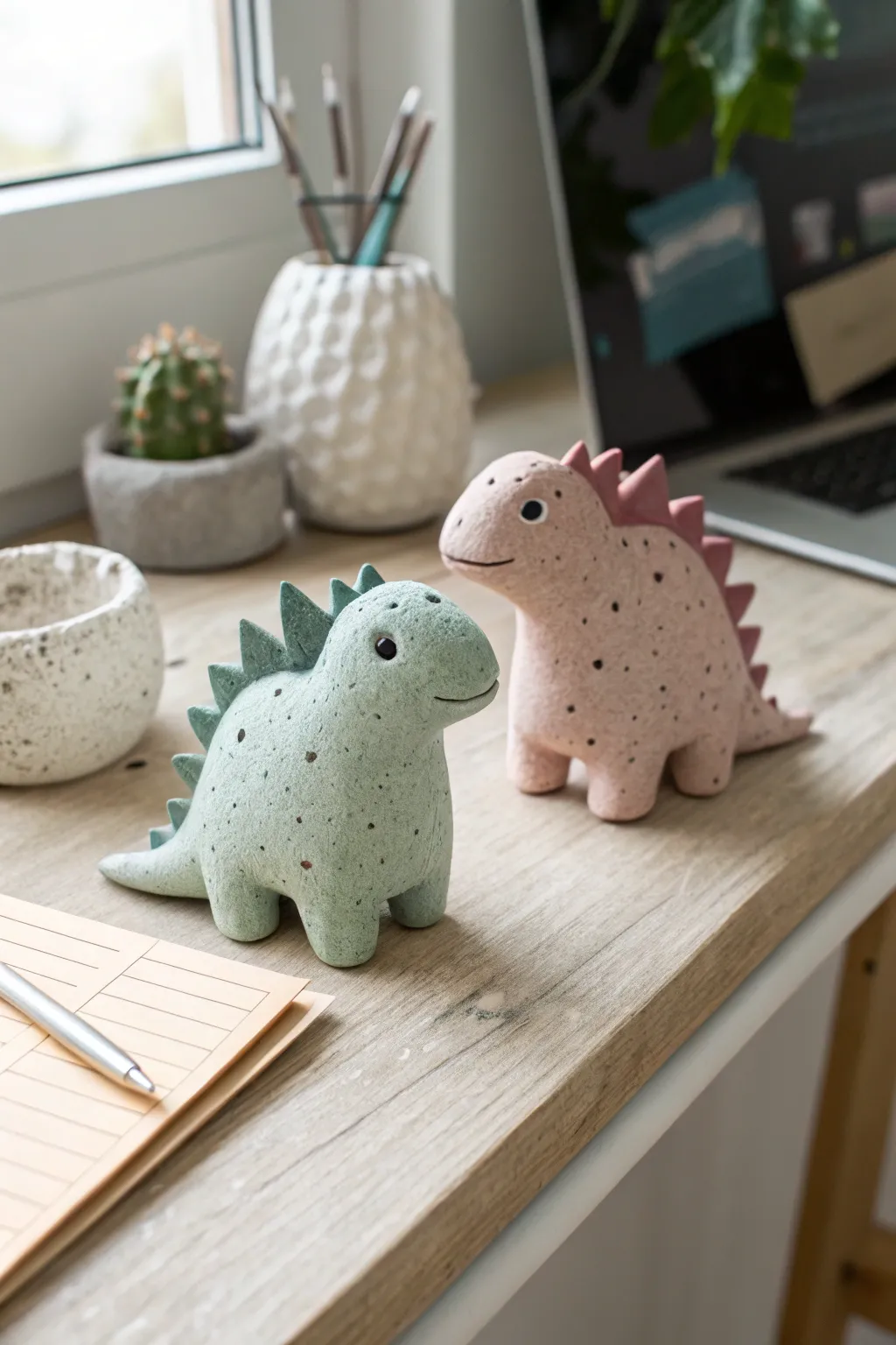 Two pastel chubby clay dinos in a cute desk parade, minimalist Scandinavian style with boho warmth