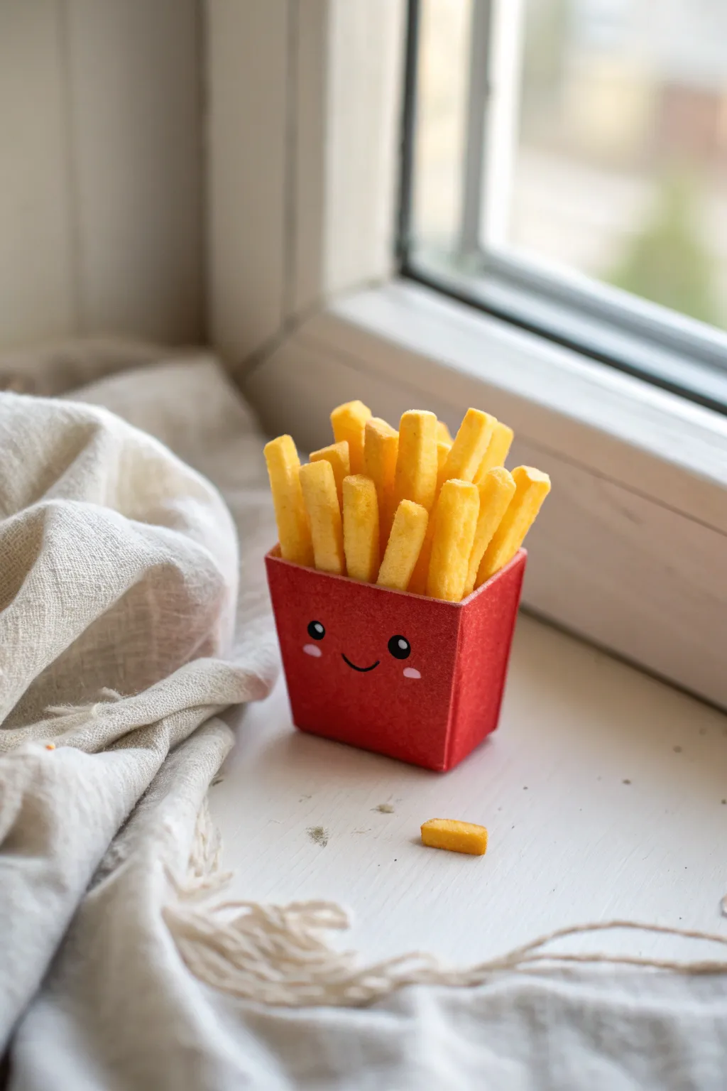 Adorable clay French fries in a tiny red box, minimalist styling and cozy handmade charm.
