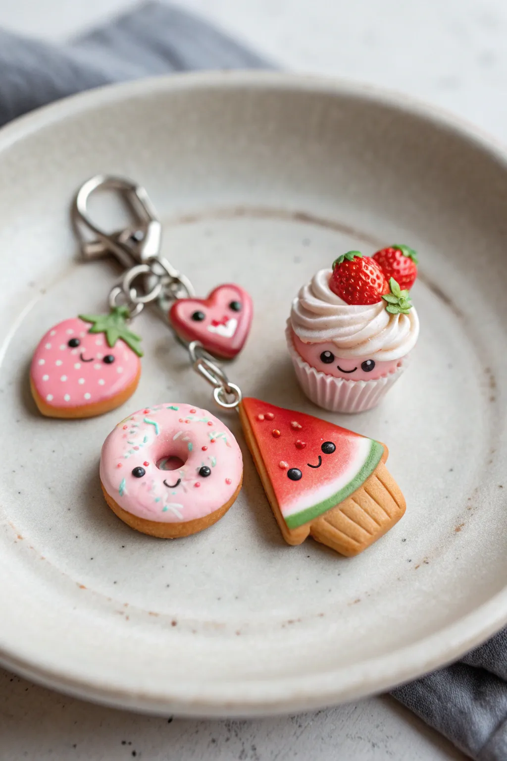 Adorable mini clay treats with sweet faces, styled on a simple plate in soft Nordic light.