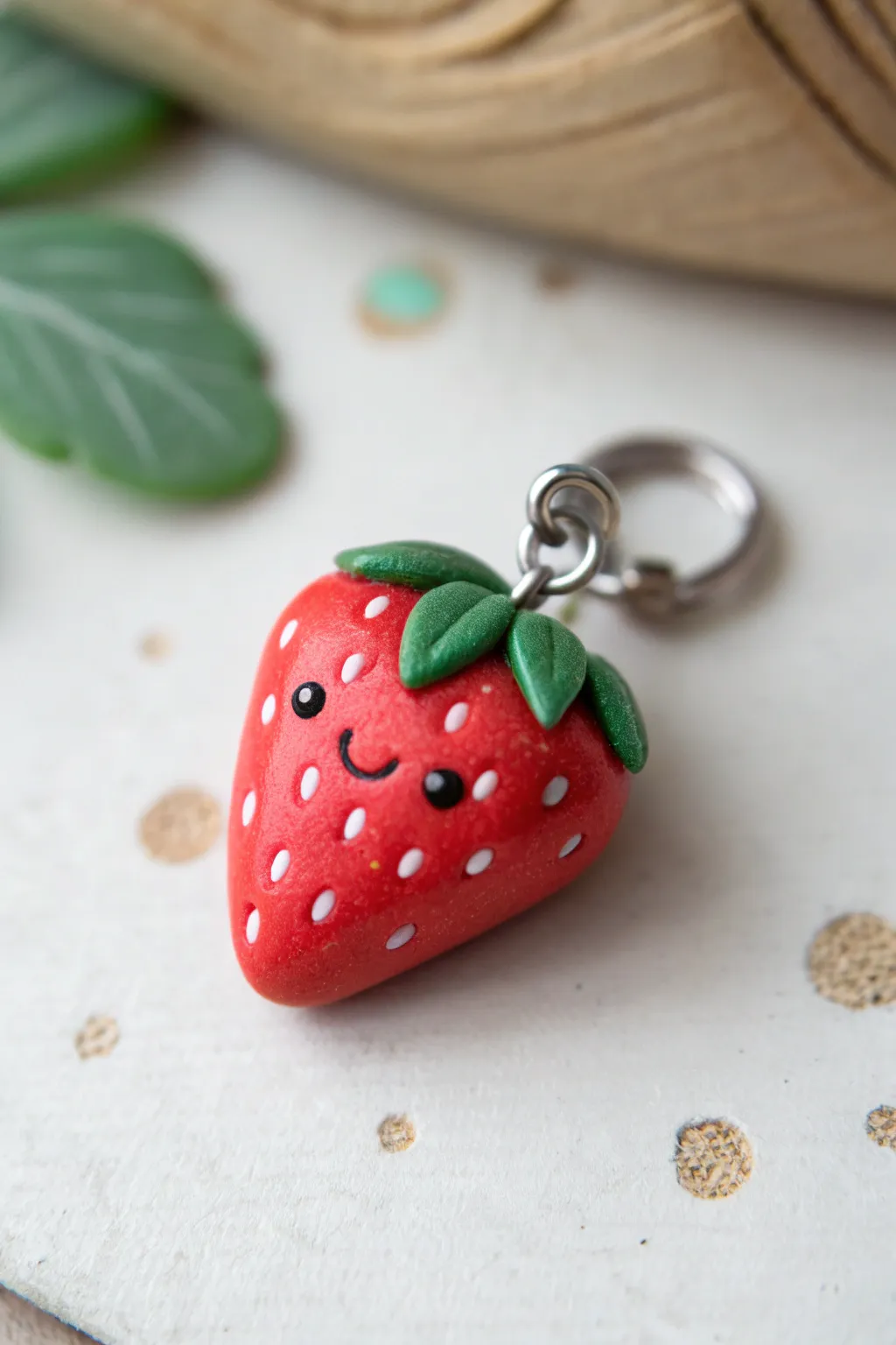 Tiny strawberry charm with simple shapes, dotted seeds, and a cute face in a minimalist boho look