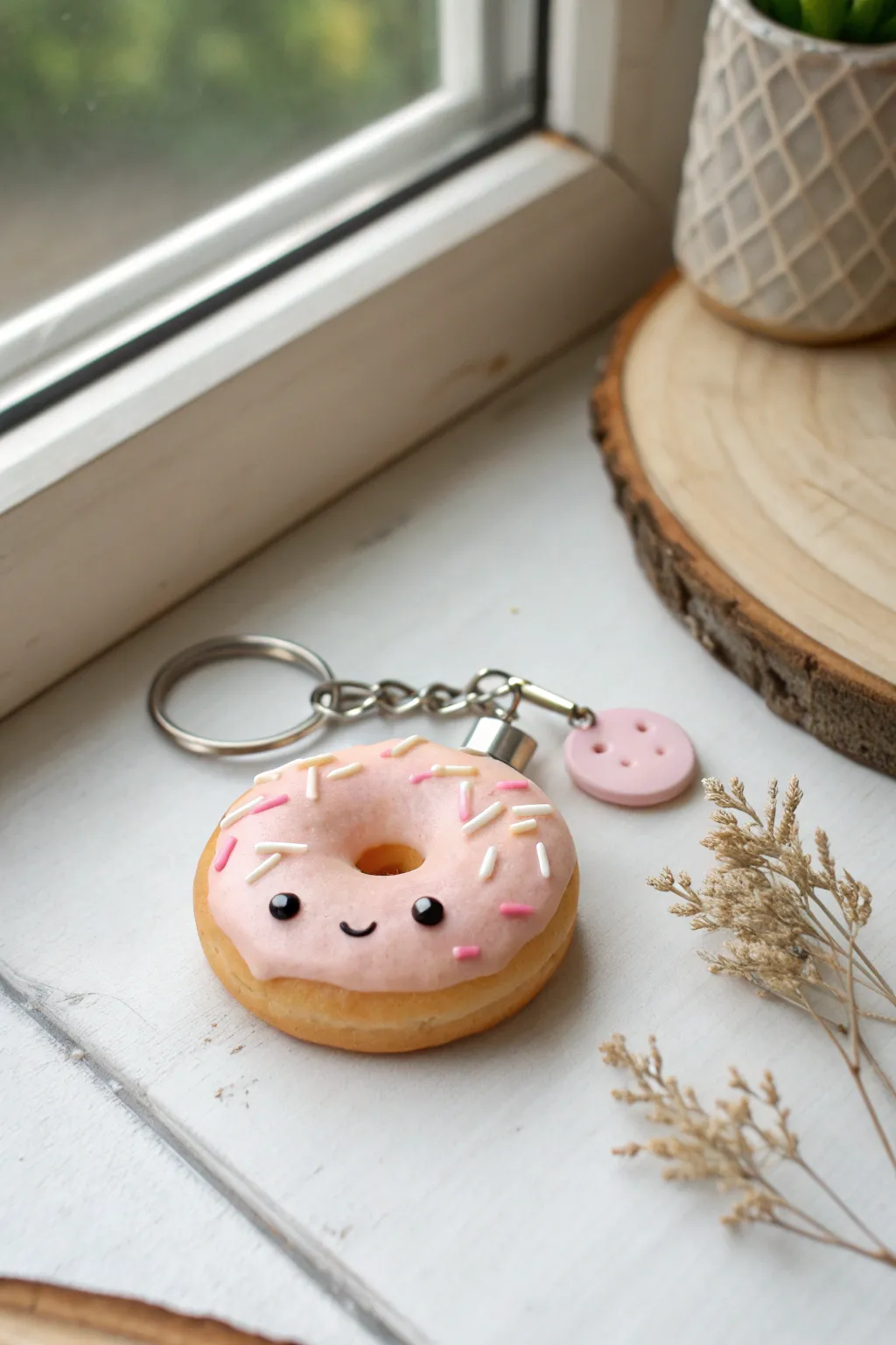Tiny donut keychain charm with pastel frosting, sprinkles, and a sweet face in minimalist styling
