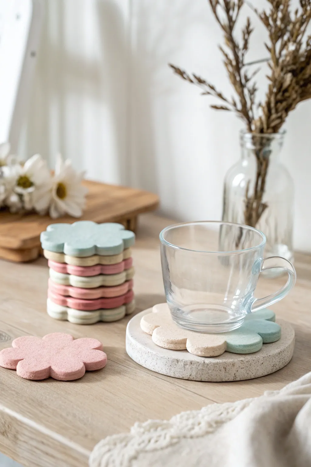 Soft pastel flower coasters in air-dry clay, a simple pretty touch for any coffee table.