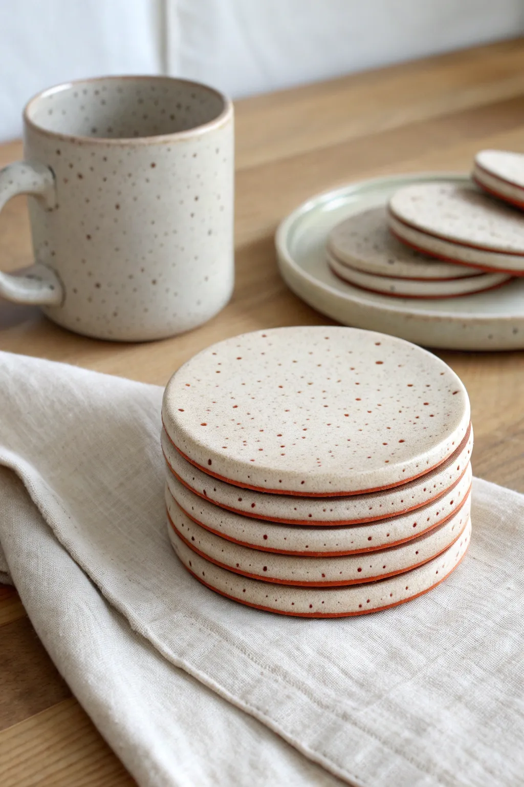Minimal clay coasters with stamped patterns, stacked neatly beside a cozy mug for everyday style.