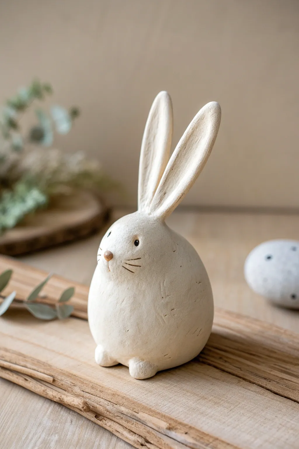 Tiny long-eared clay bunny on light wood, a sweet minimalist decor piece to try at home.