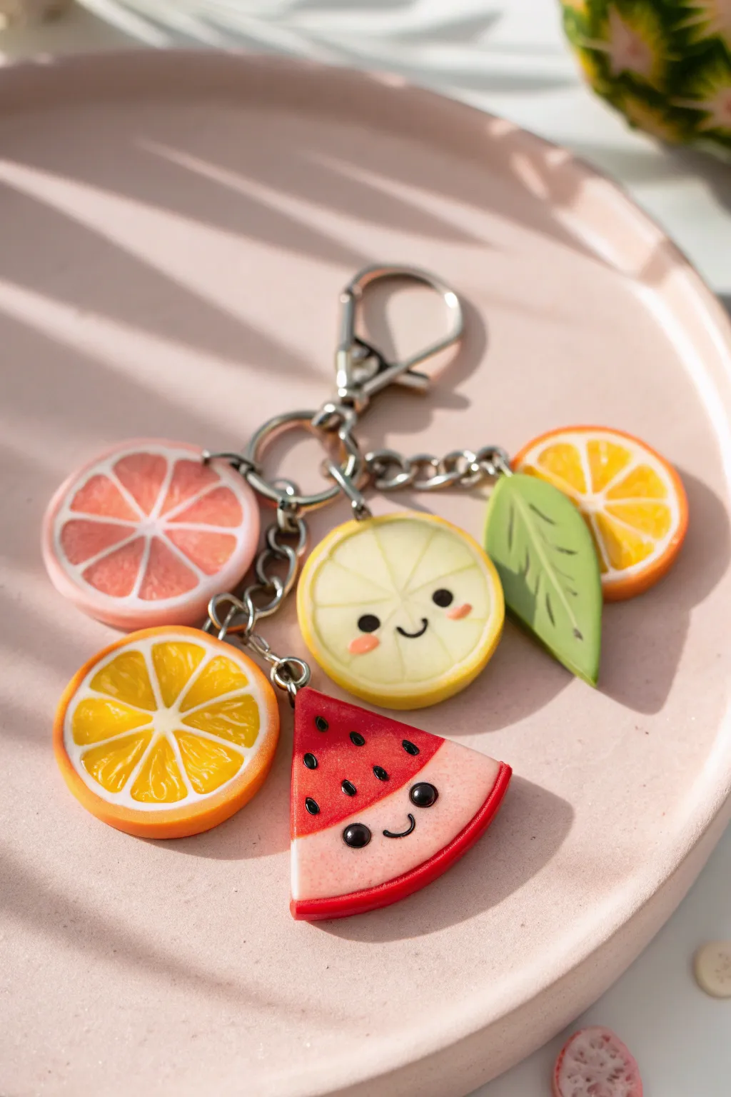 Kawaii fruit slice clay keychains in pastel minimal styling, sweet faces and handmade charm
