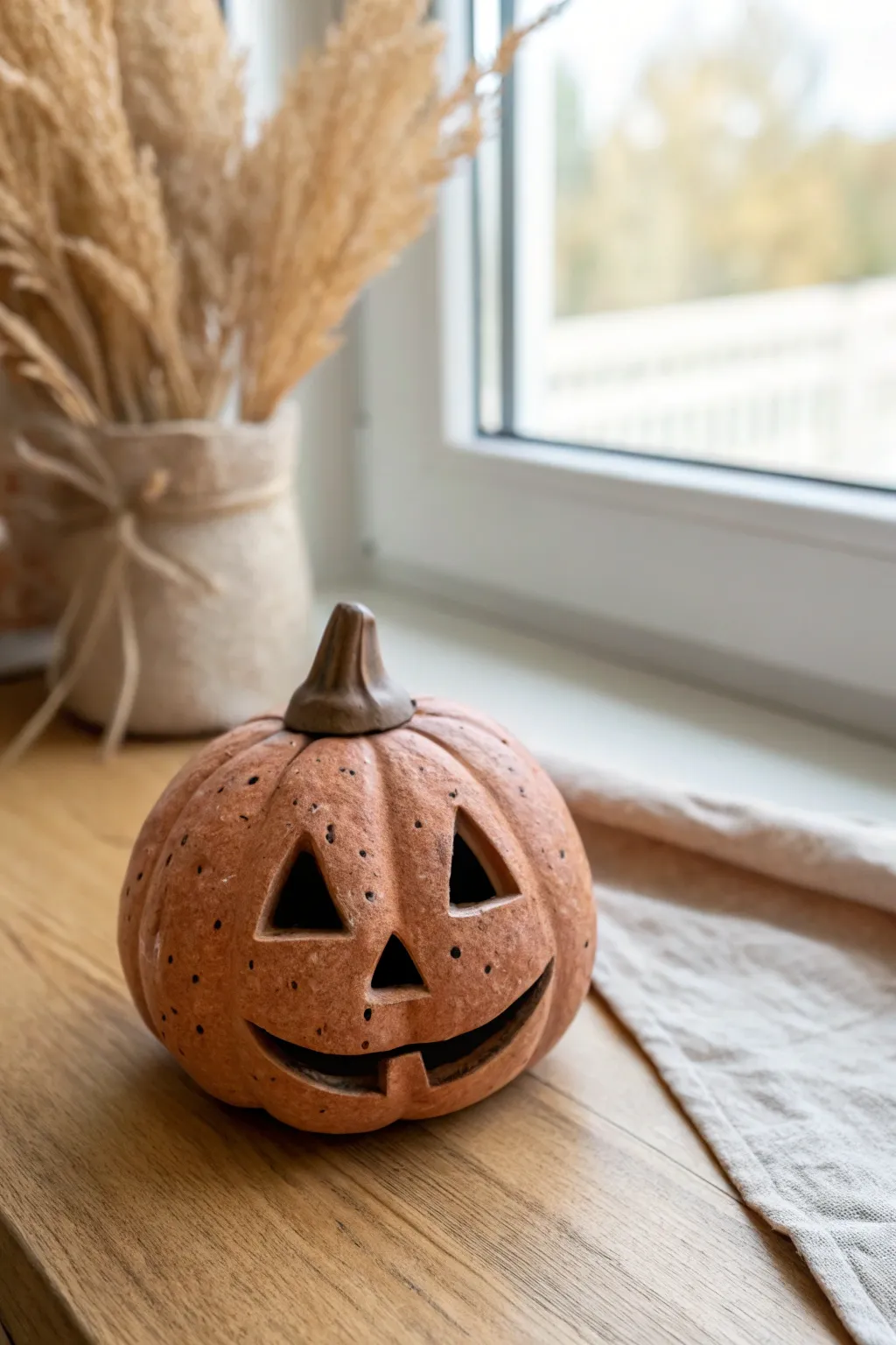 A sweet mini clay jack-o-lantern with triangle eyes and a toothy smile, minimalist Halloween charm