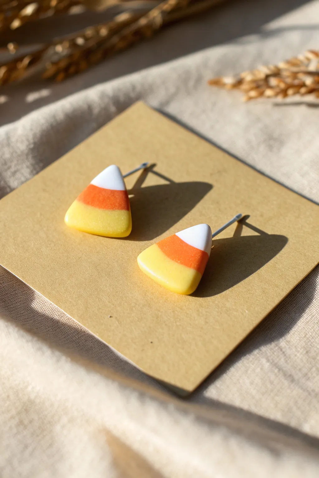 Minimal candy corn stud earrings in clean autumn colors, a simple spooky-season clay project.