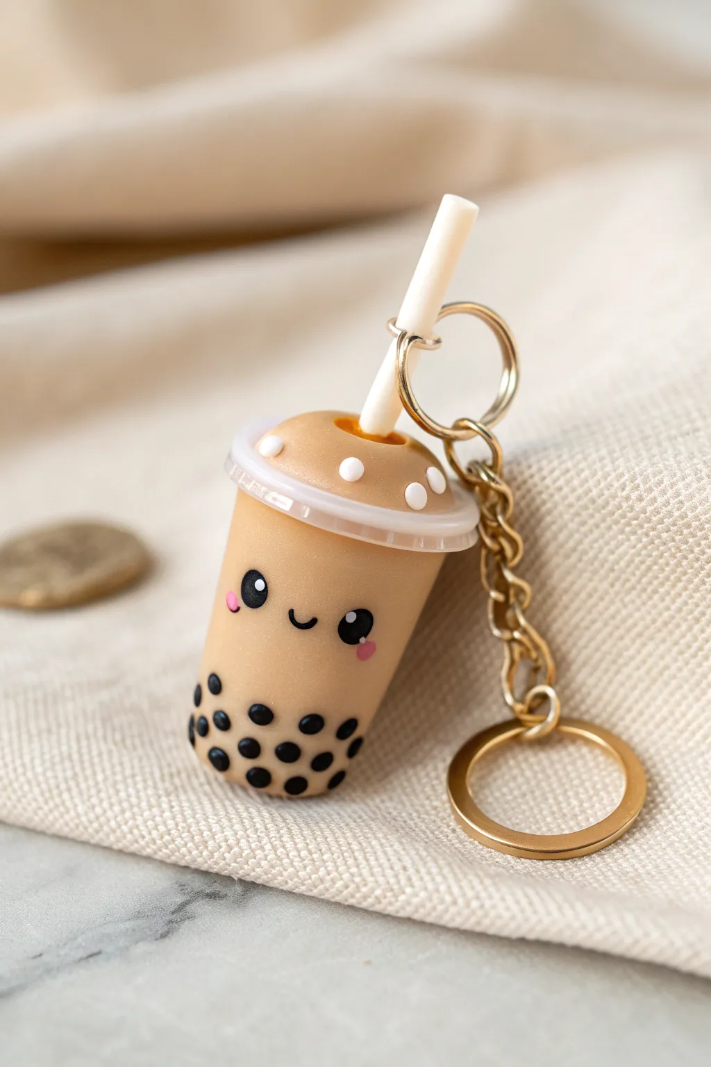 Cute bubble tea keychain charm with a sweet kawaii face, minimal and handmade on linen
