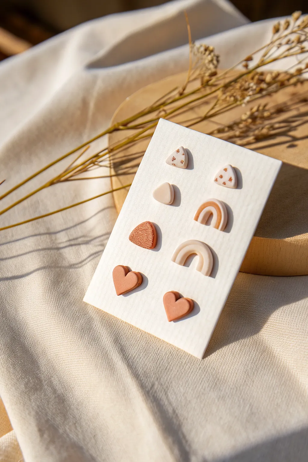 Easy polymer clay stud shapes in soft neutrals, minimal and handmade for everyday wear.