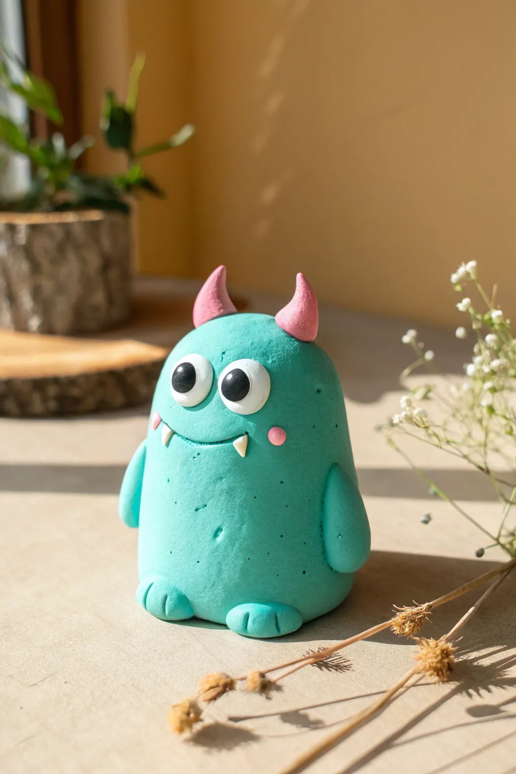 Silly little clay monster with big eyes and tiny horns, styled minimal and kid-easy to make.