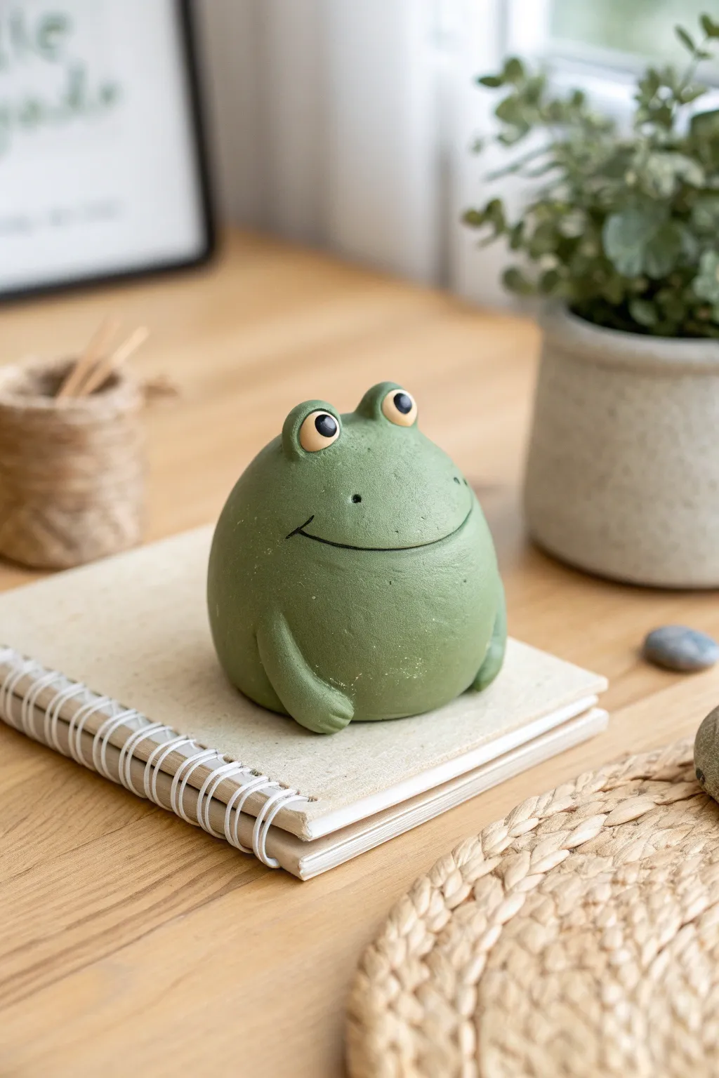 Cute chubby frog desk buddy in soft green clay, minimalist Scandinavian boho workspace decor