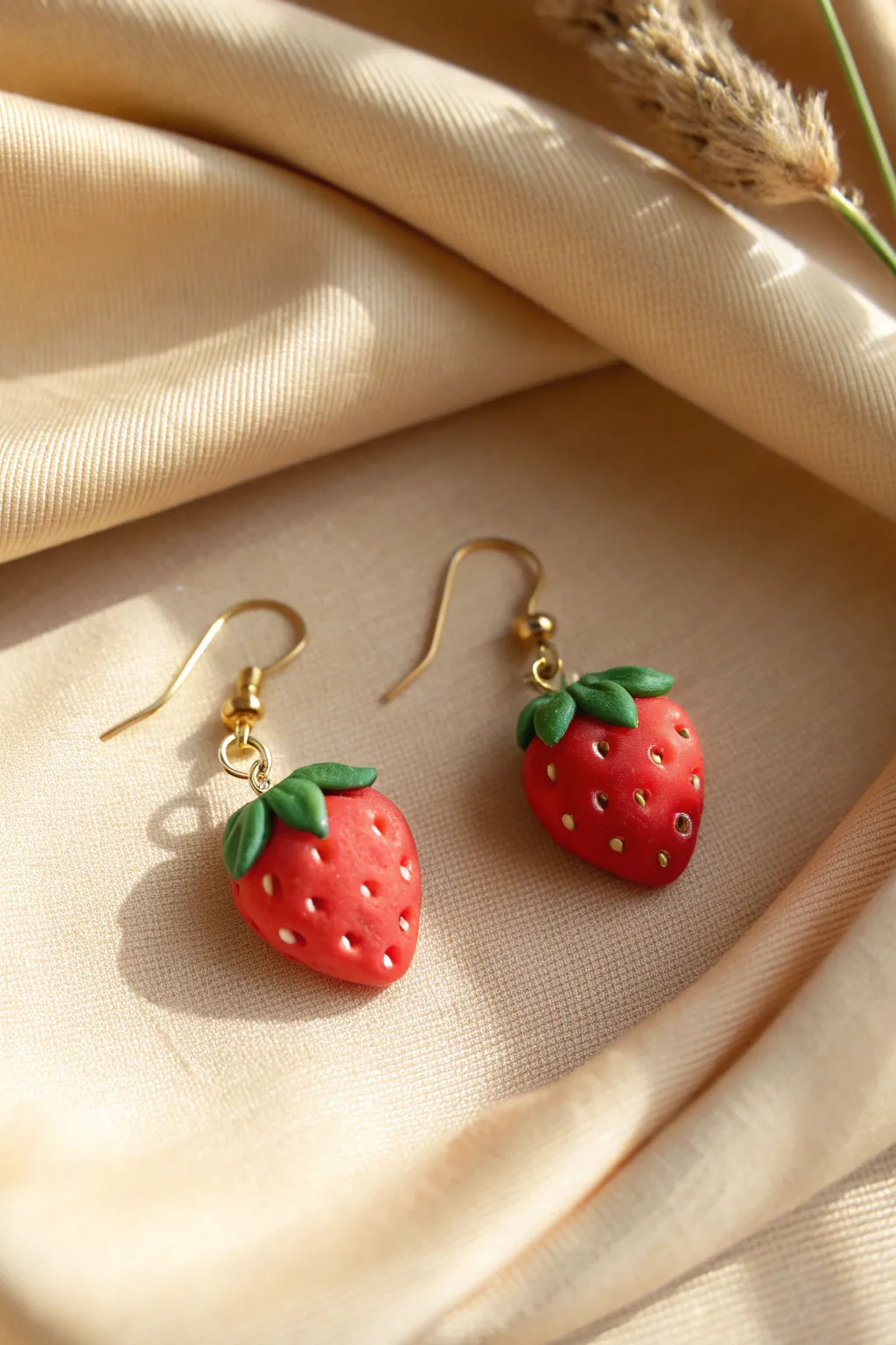 Minimalist polymer clay strawberry earrings with leafy tops, sweet wearable jewelry for beginners.