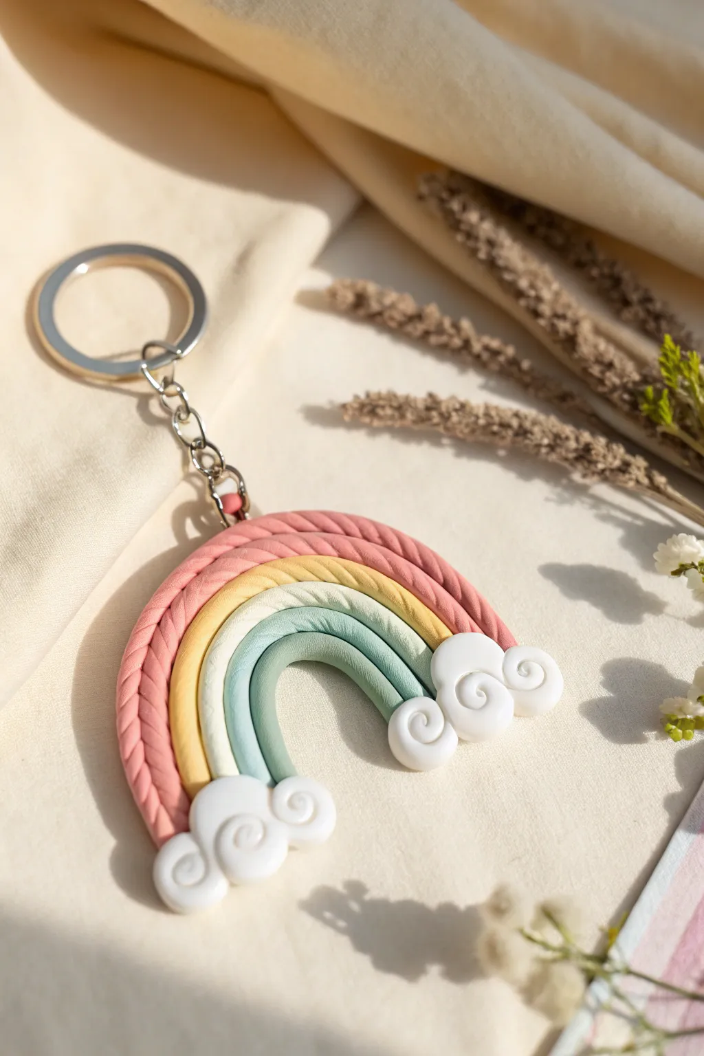 Sweet rainbow coil keychain charm made from polymer clay, a kid friendly craft with boho flair.