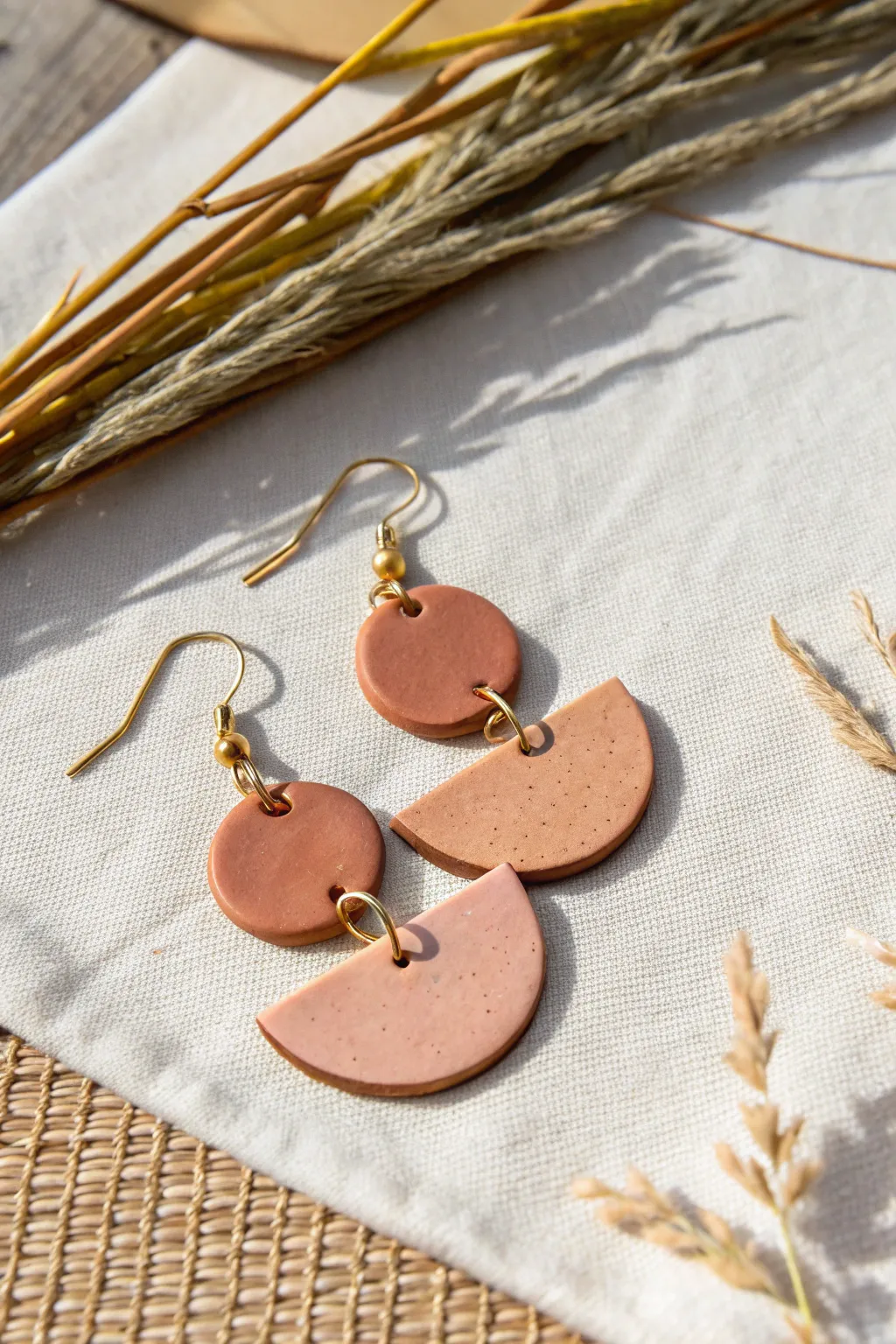 Minimal half-moon polymer clay dangles with matte finish and simple gold jump ring accents