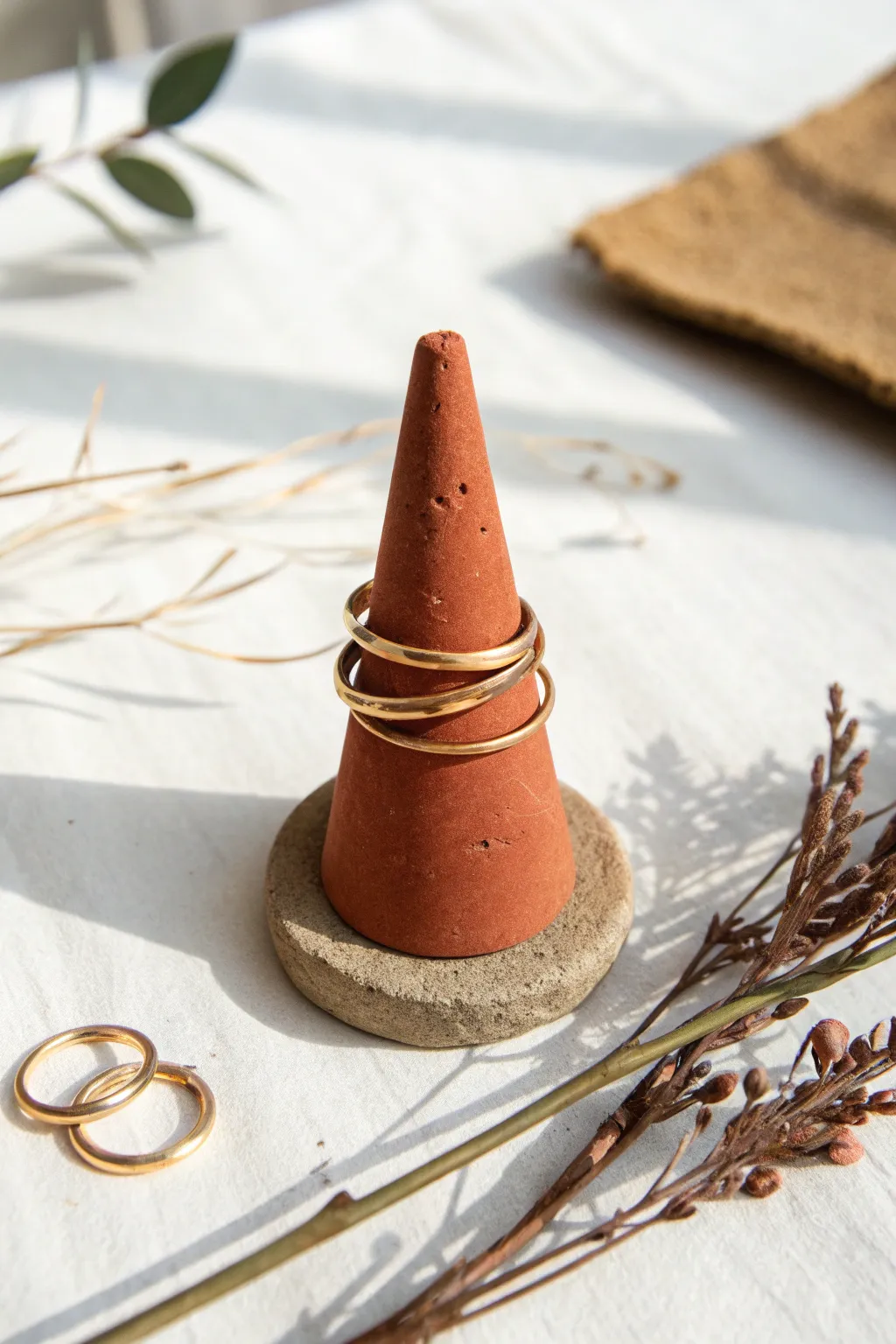 Minimal red clay ring cone holder with golden rings, perfect for simple boho Scandinavian decor.