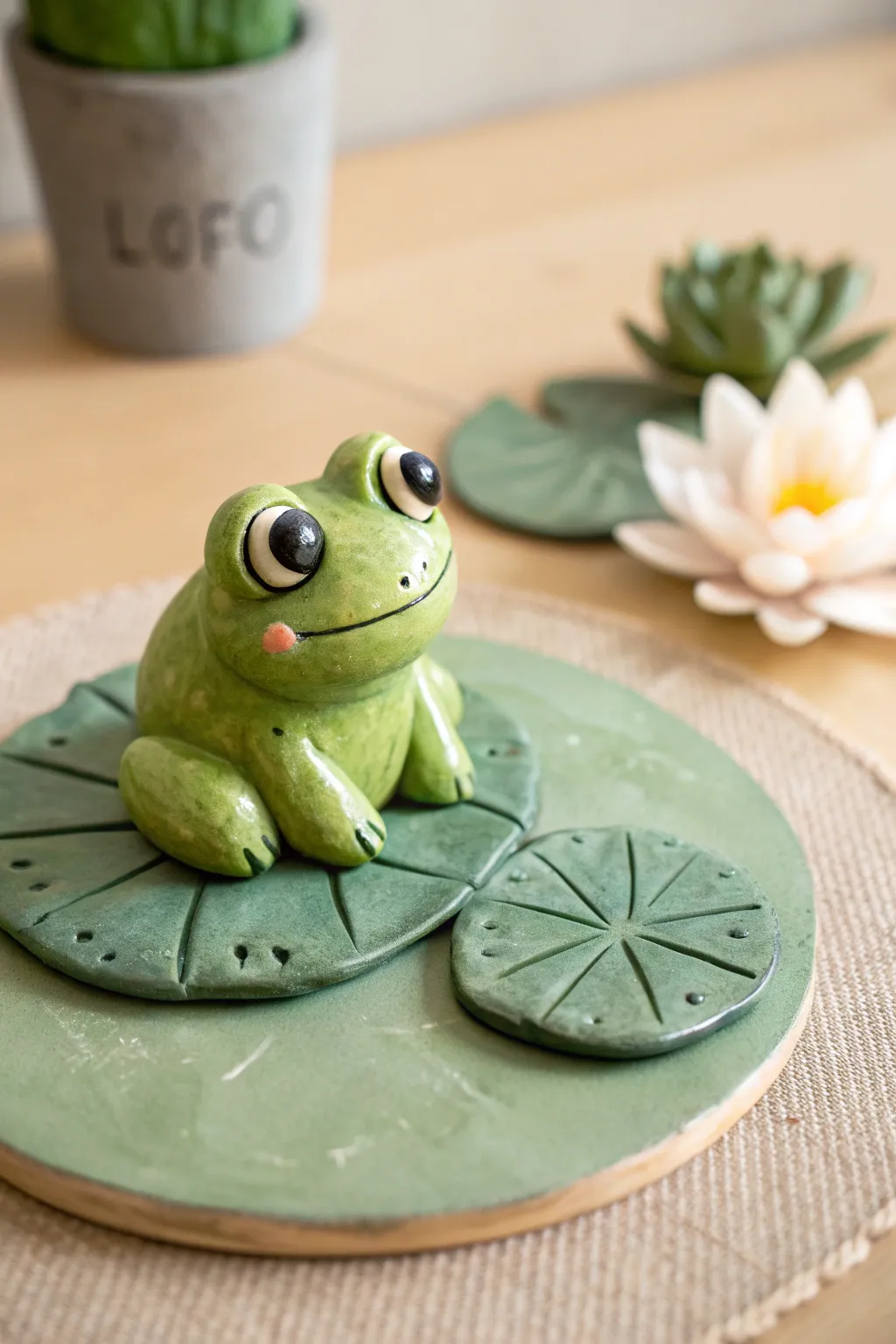 Bright green clay frog on a lily pad, a simple beginner sculpture with a glossy pop