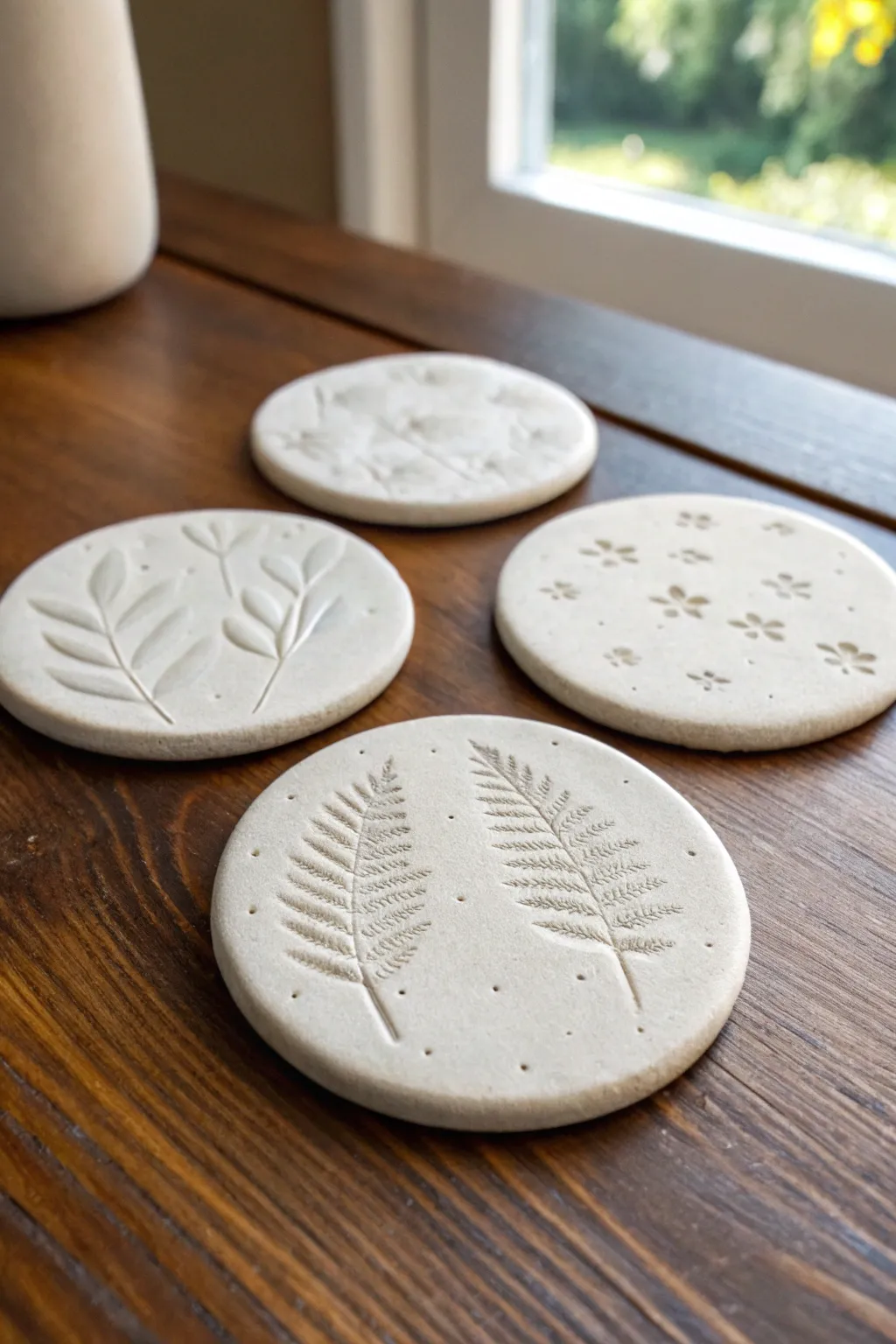 Minimal stamped slab coasters in soft clay tones, stacked and fanned on warm wood for cozy style