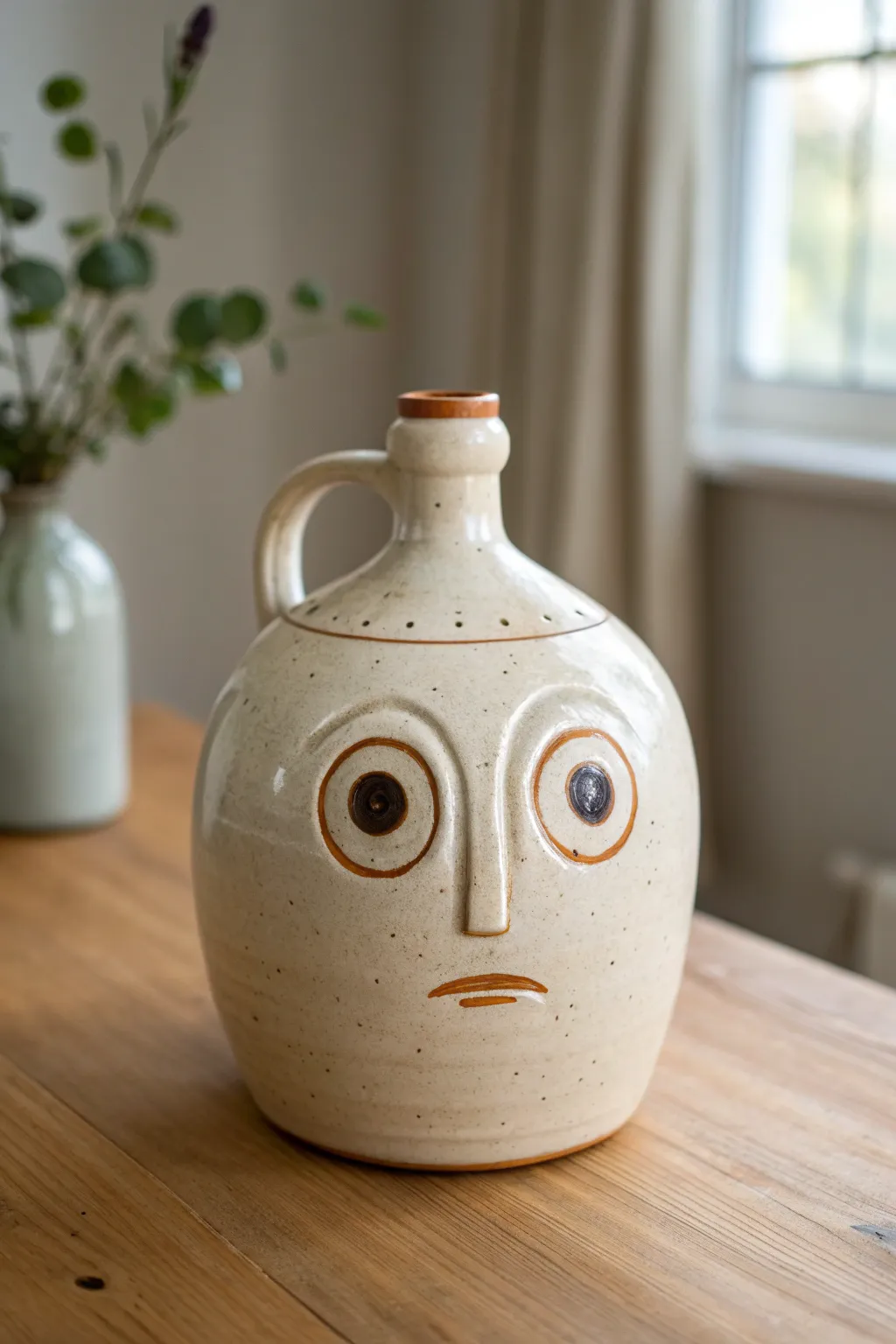 Minimal face jug with bold bulging eyes for a striking, playful statement in calm neutral tones