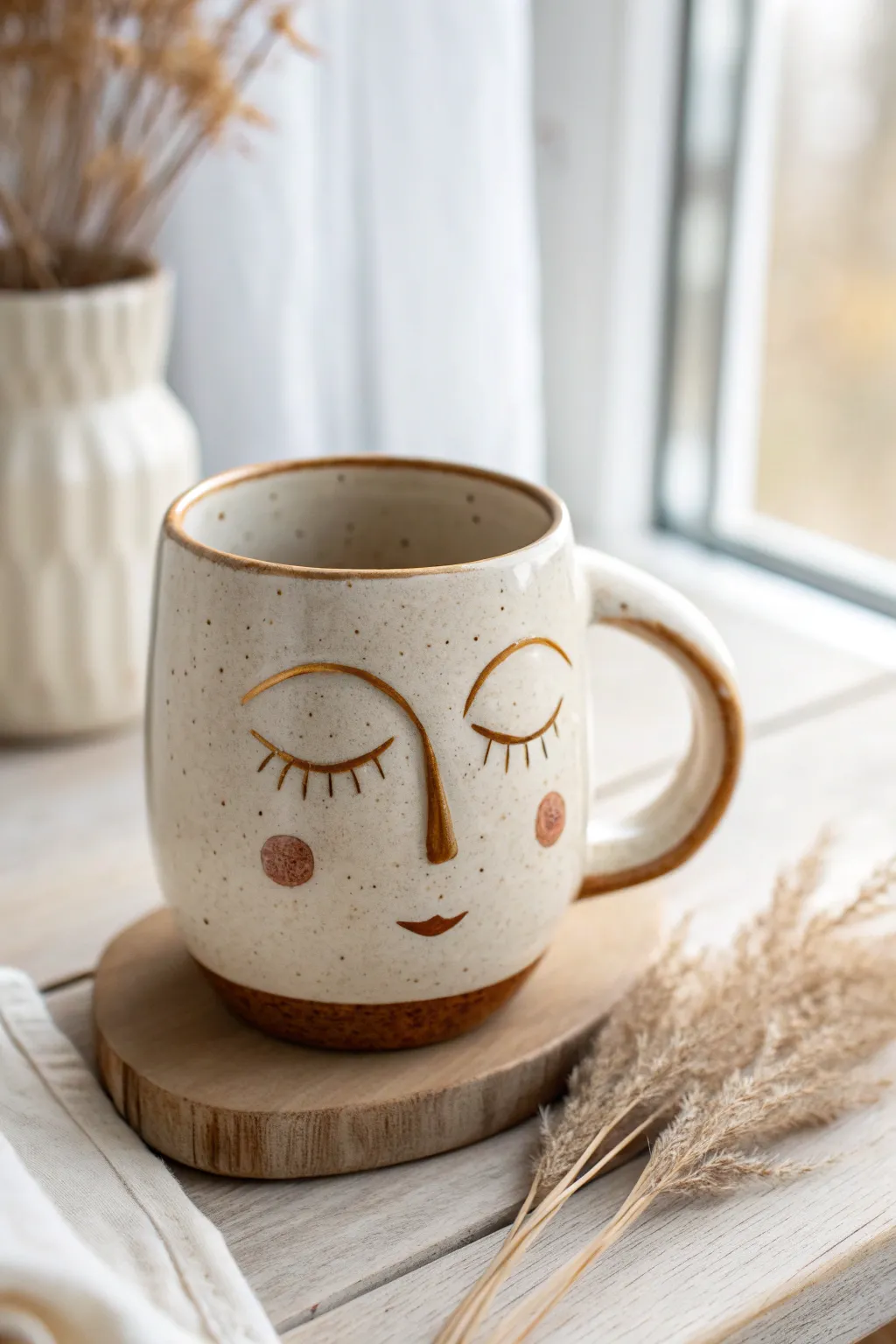 Sleepy closed-eyes face mug in matte ivory with a glossy caramel interior for soothing contrast.