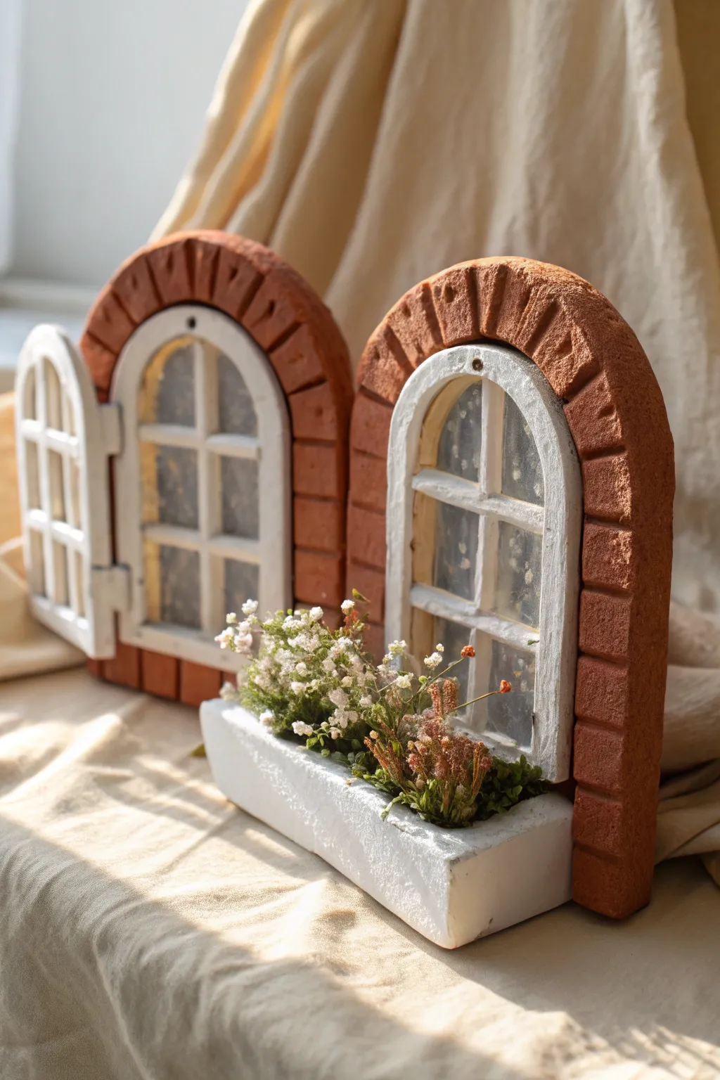 Mini clay fairy windows with chunky shutters and a sweet flower box, ready for a tiny scene.