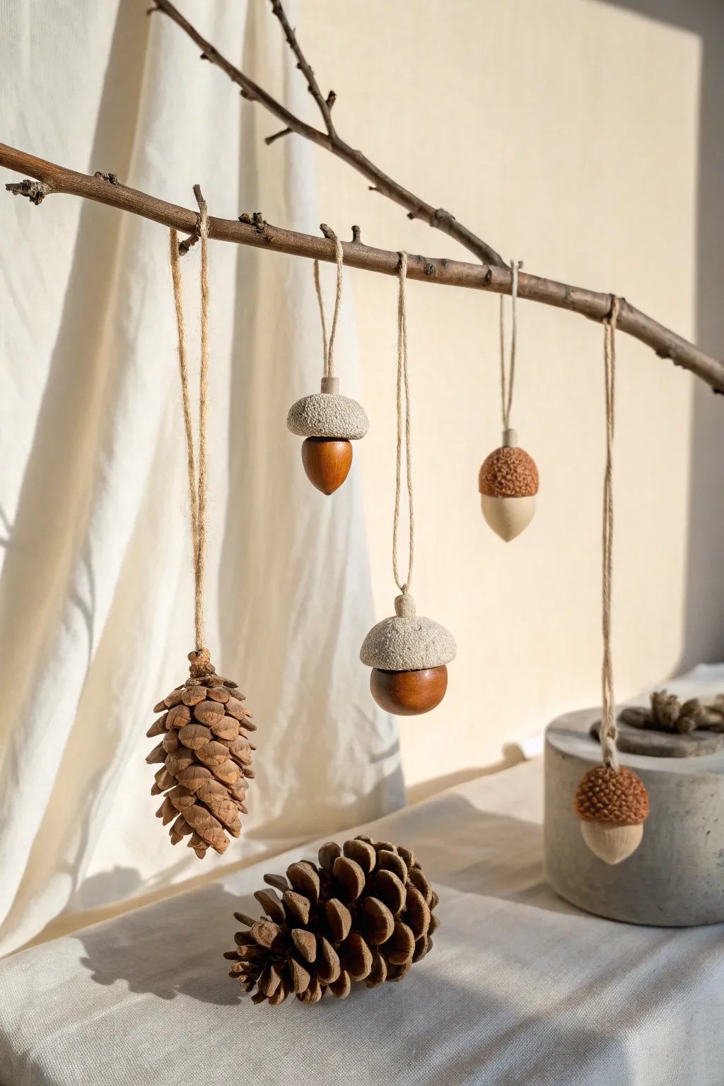 Minimal air dry clay acorn and pinecone ornaments in warm neutrals for cozy fall decor.