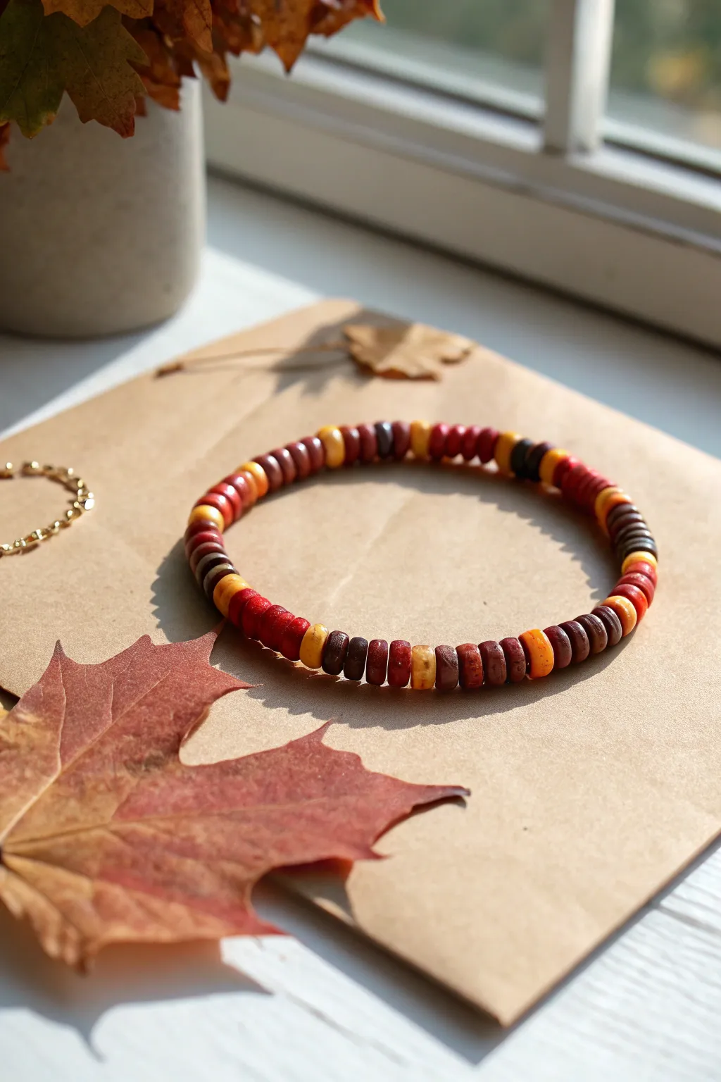 Maple-inspired striped clay bead bracelet in cozy fall tones, styled on kraft paper with a leaf