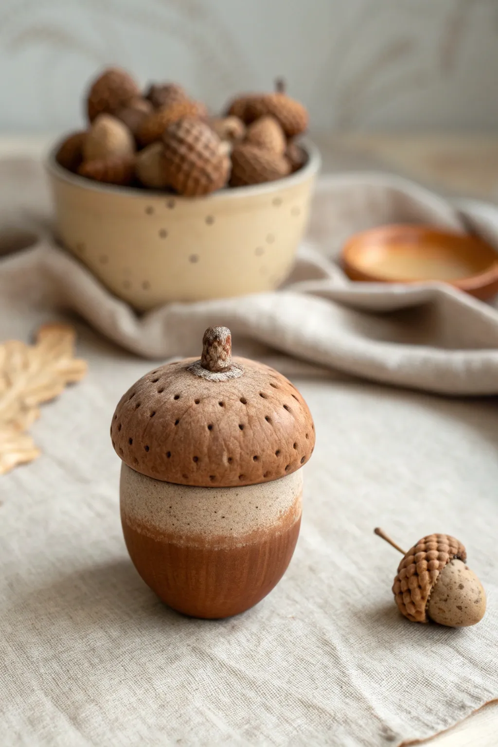 Textured clay acorns in earthy tones for a cozy, minimalist fall table with handmade charm.