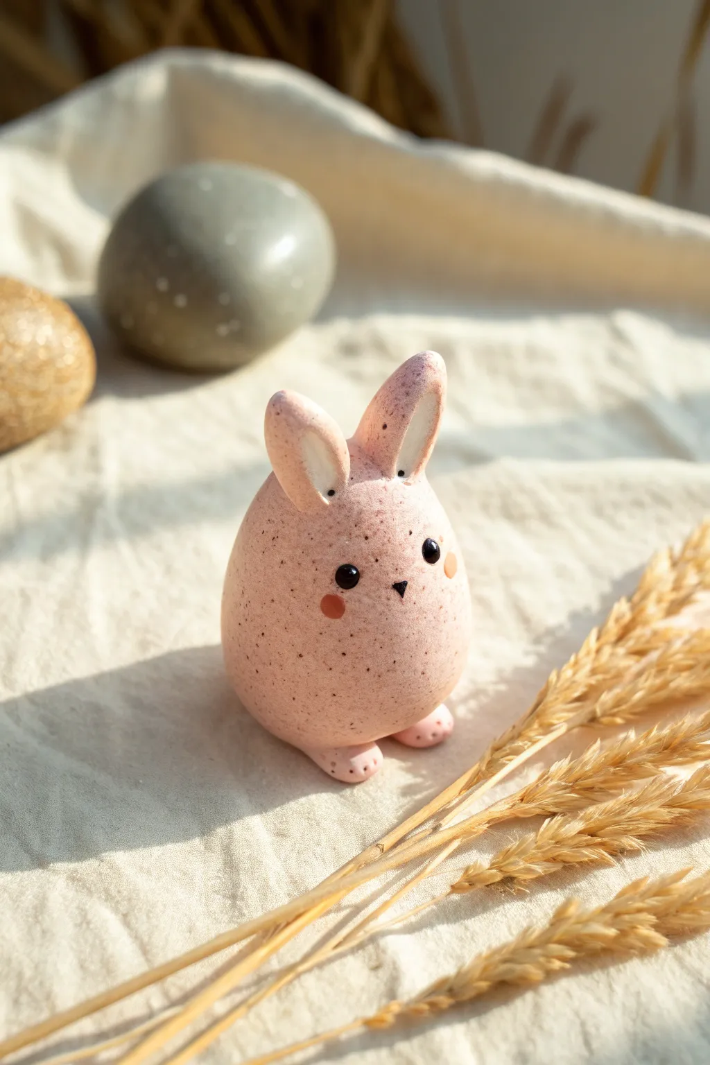 Palm-sized Fimo animal buddy in soft pastels, round and minimal, perfect for cute desk decor