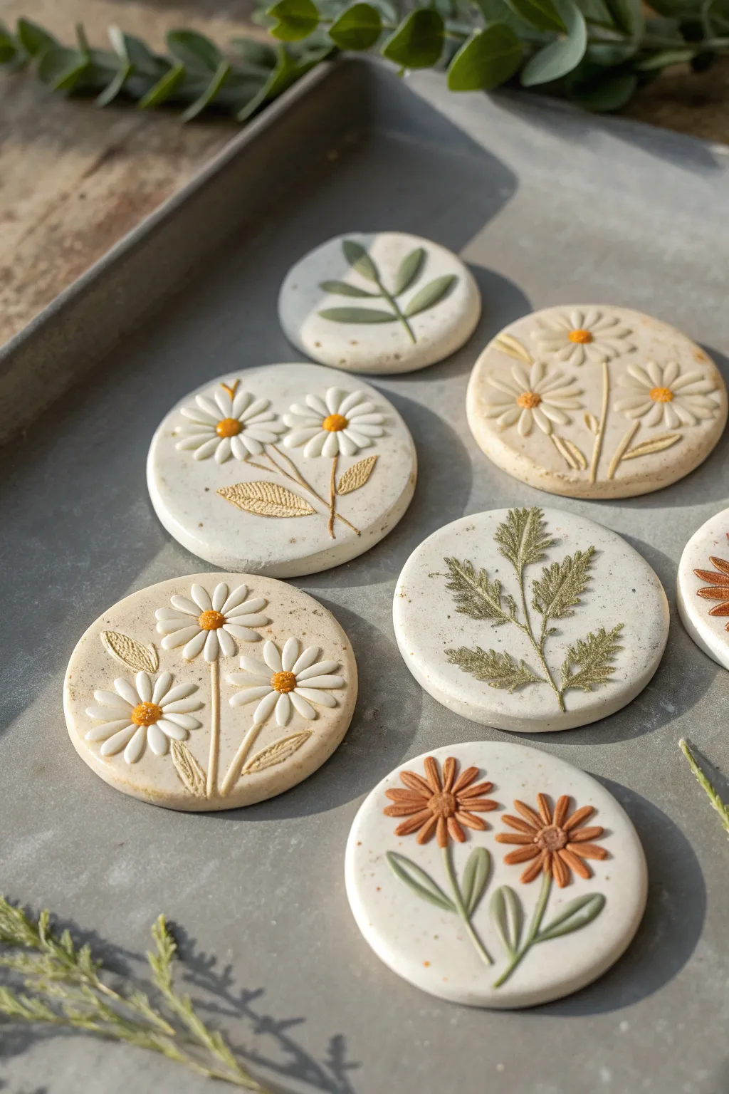 Flat clay botanical relief magnets with crisp daisies and vines, minimal, airy, high contrast.