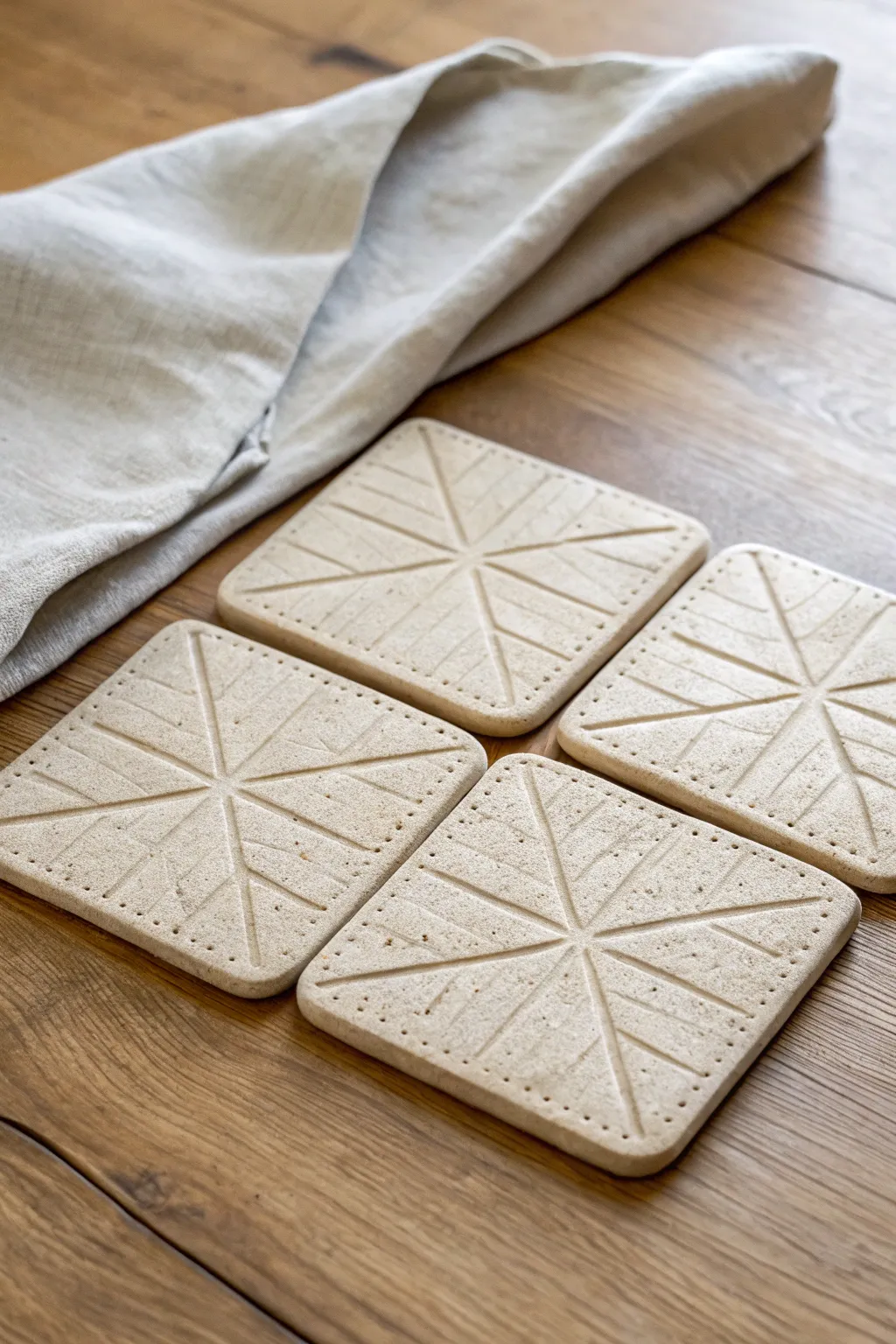 Simple stamped slab coasters in warm neutrals, minimalist and handmade for an easy DIY upgrade.