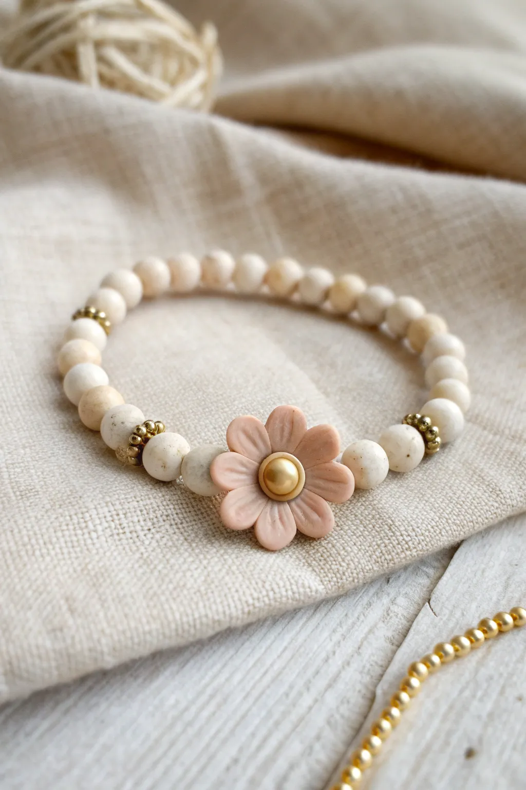 Minimal clay flower bead framed by gold spacers, finished bracelet styled on soft linen.