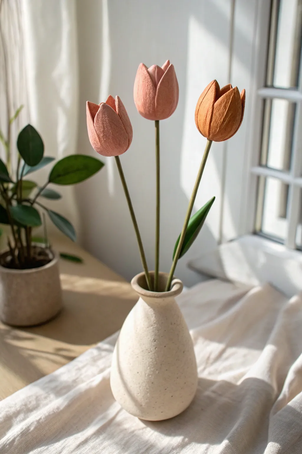 Three handmade clay tulip buds in a tiny vase, minimalist Scandinavian style with a soft boho touch.