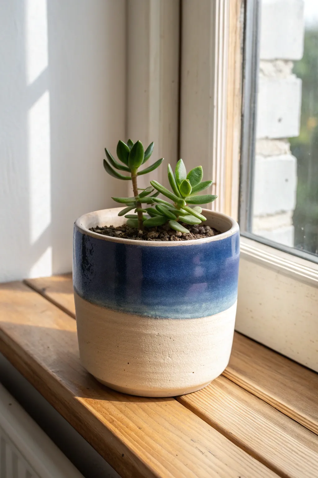 Dip-dye ombre flower pot: deep-to-soft fade with a simple succulent for calm minimal style.
