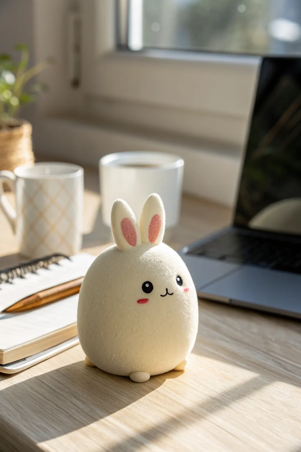 Palm-sized foam clay bunny desk buddy with rosy cheeks in warm minimalist desk light