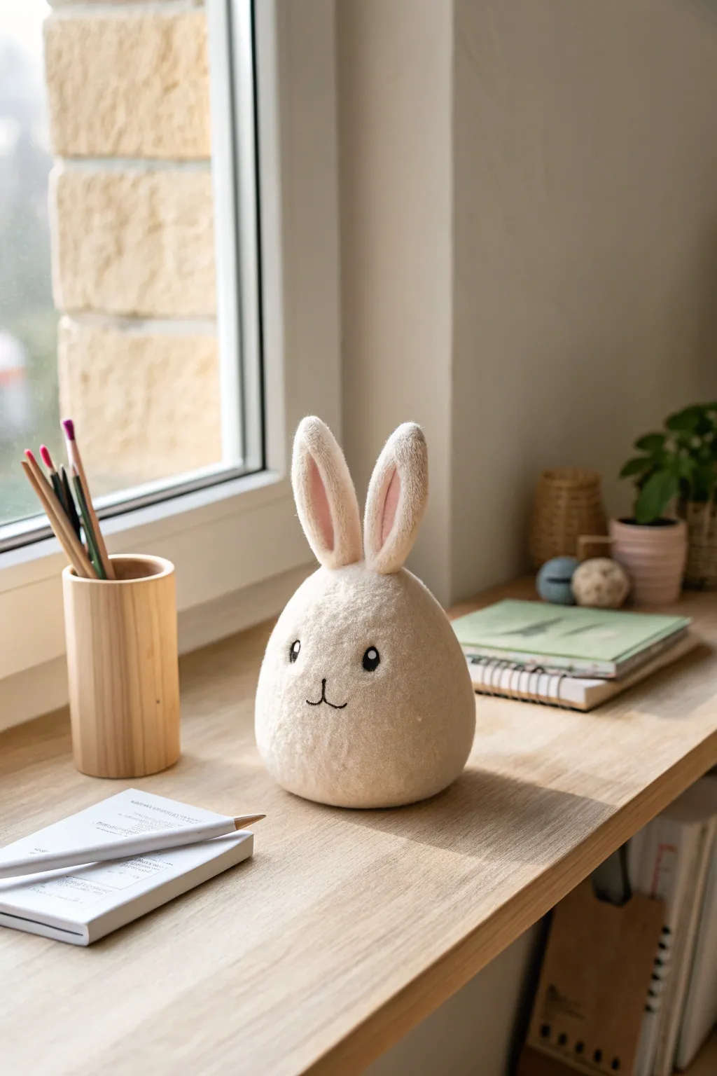 Sweet foam clay bunny desk buddy in soft daylight, minimalist Scandinavian-boho charm