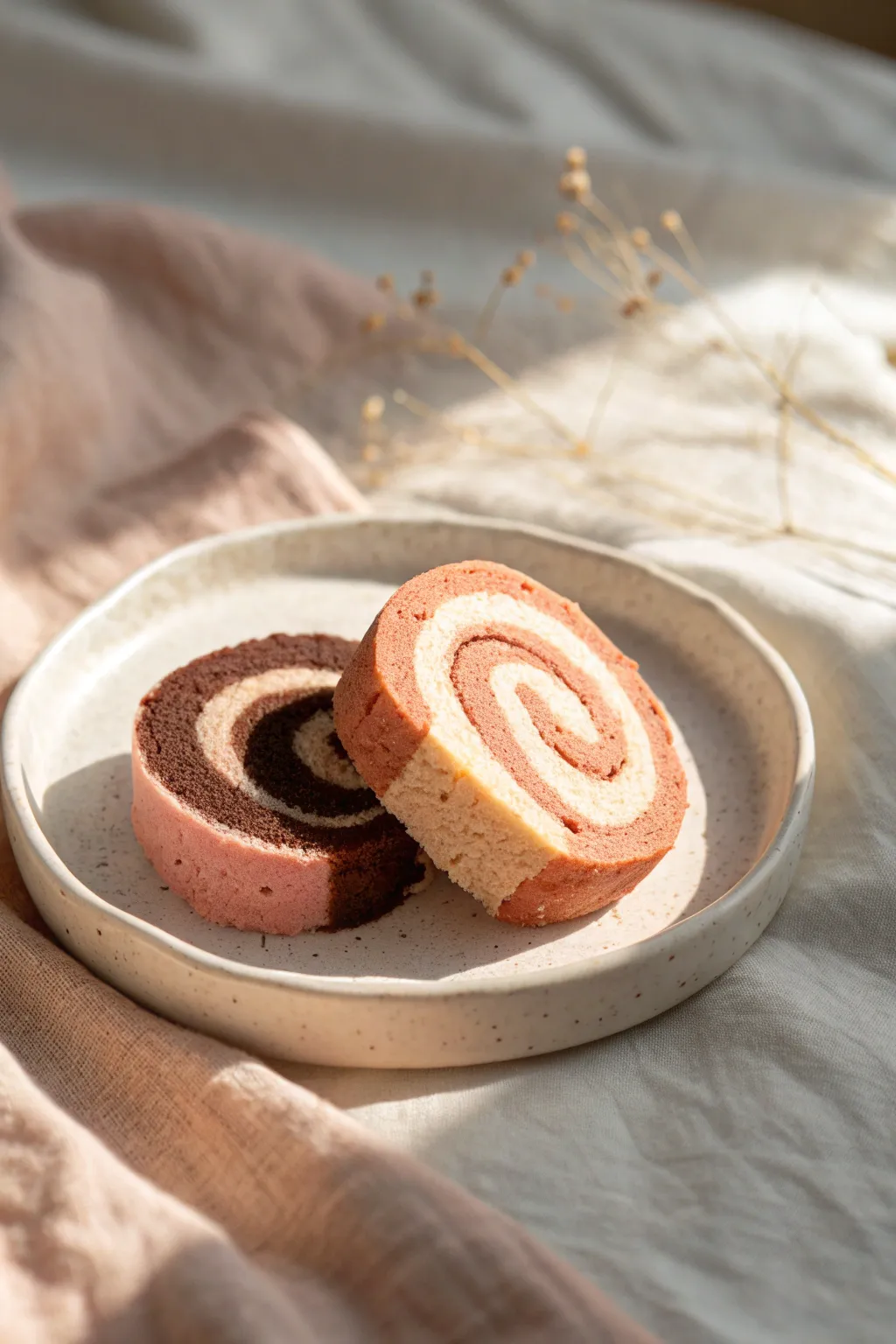Foam clay roll cake slices with creamy swirls, styled minimally on a pastel plate