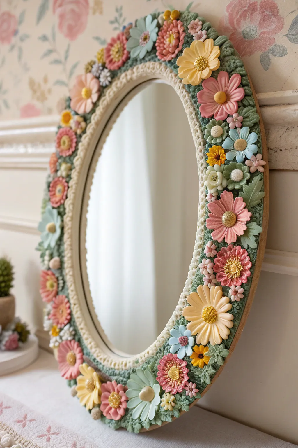 Maximalist foam clay wildflower mirror frame with a bold 3D border and soft Scandinavian styling
