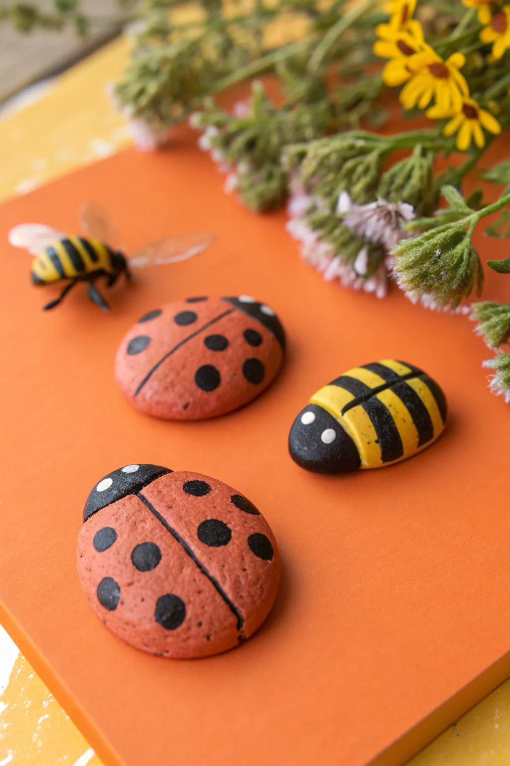 Easy clay ladybug and bee with simple spots and stripes, styled on a bold orange background