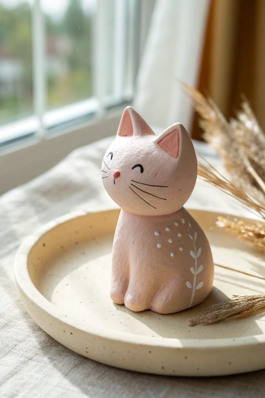 Sweet pastel clay cat with whisker lines, a simple kid friendly pottery idea in Nordic boho style.