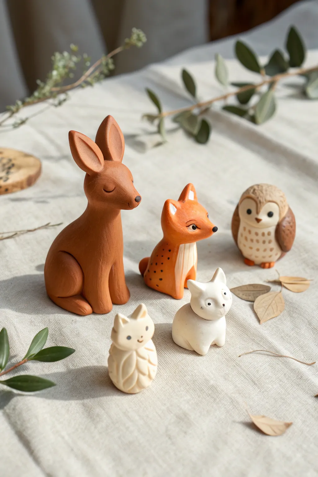 Simple clay woodland animal figurines in cozy minimalist style, perfect for forest themed decor