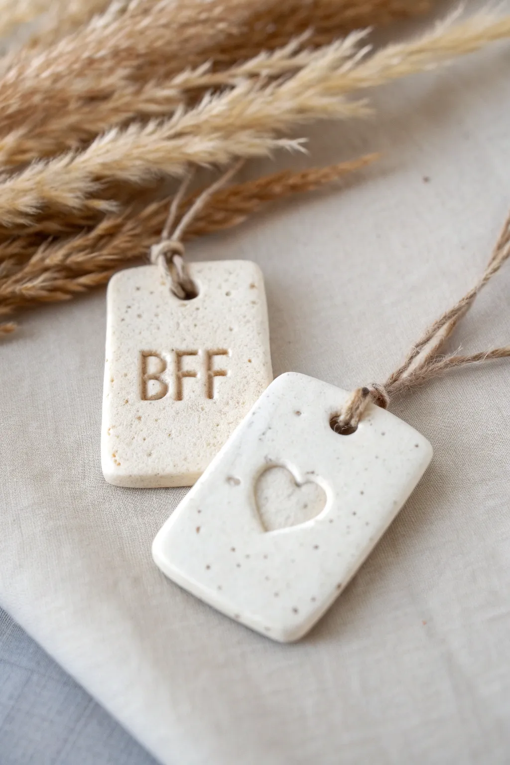 DIY best friend clay tag charms: minimalist stamped pair with twine and tiny heart details.
