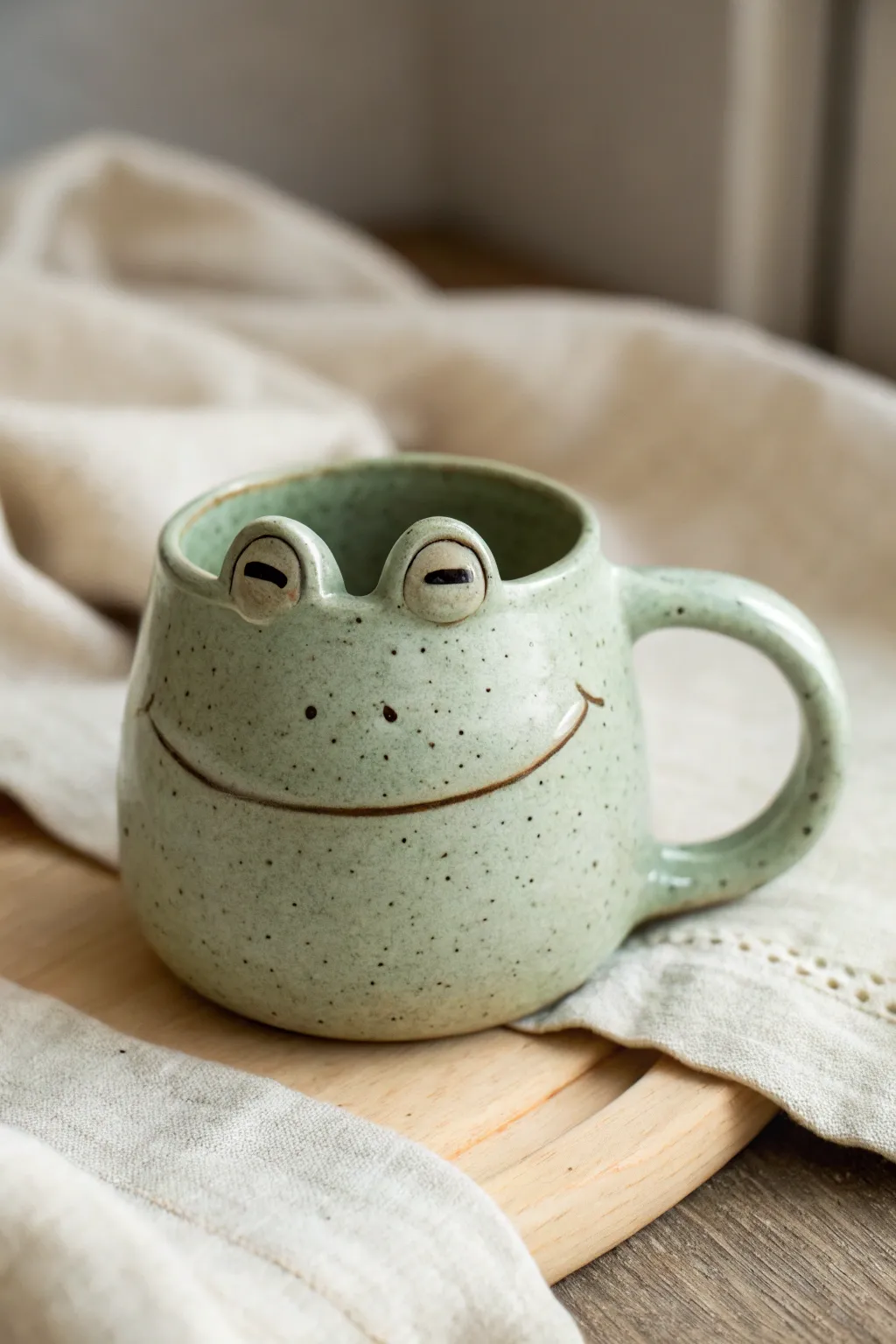 Chunky frog mug with big raised eyes and a tiny smile, boho-scandi charm for cozy tea.