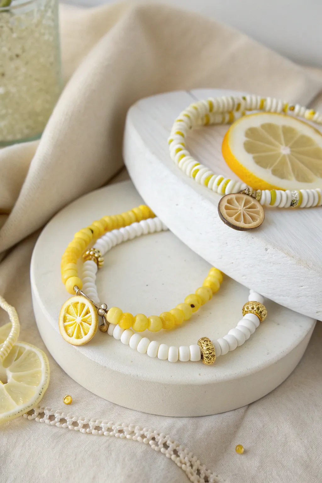 Lemon slice sunshine stack: yellow heishi plus white-yellow beads with tiny gold spacers