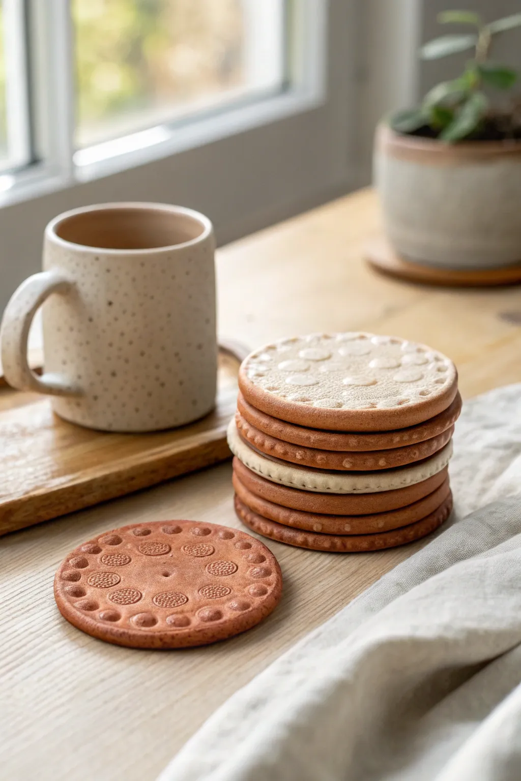 Warm terracotta bubble-texture coasters that add handmade charm to a clean minimalist table