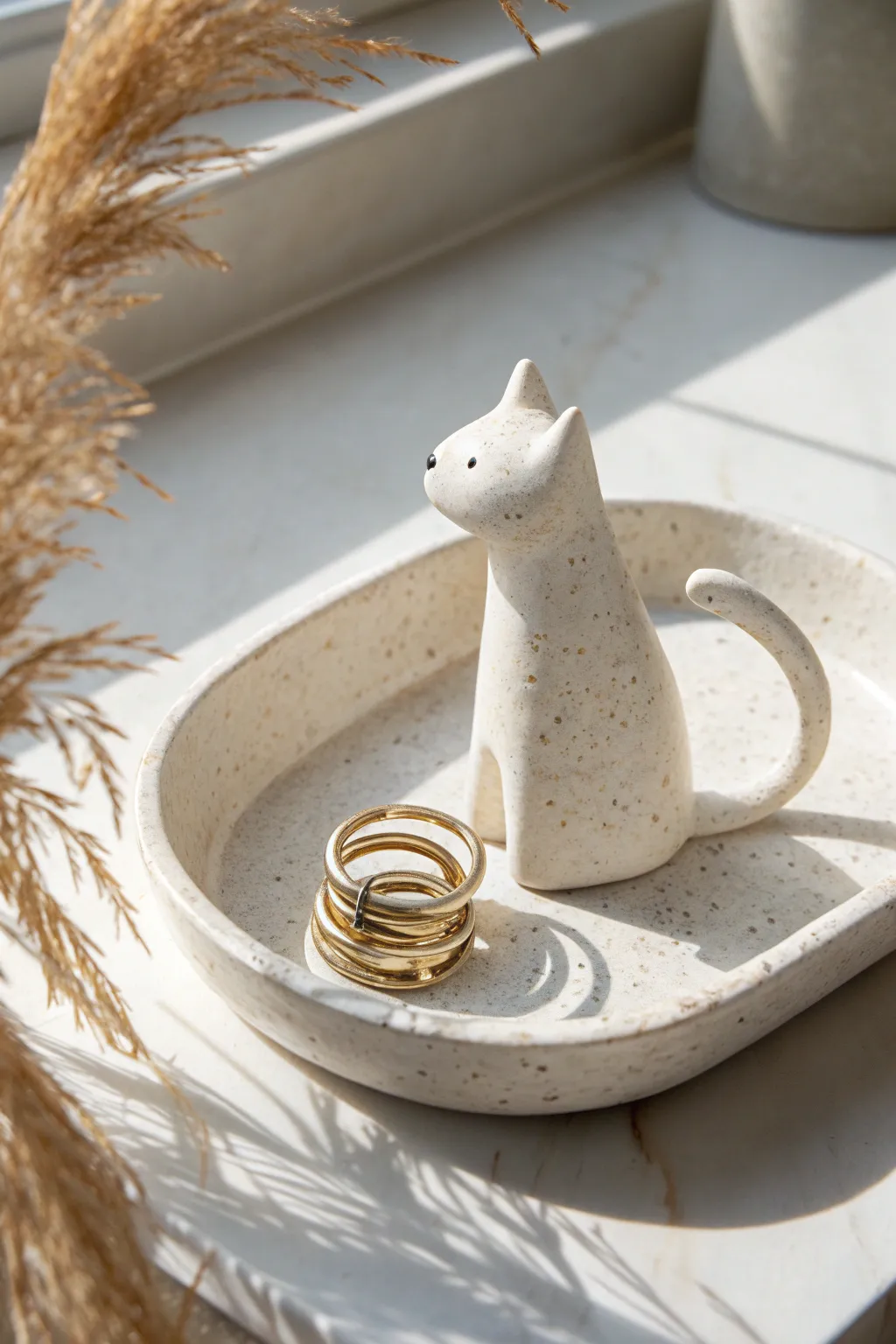 Cute cat clay ring holder with stacked rings, soft daylight and minimalist boho bathroom styling